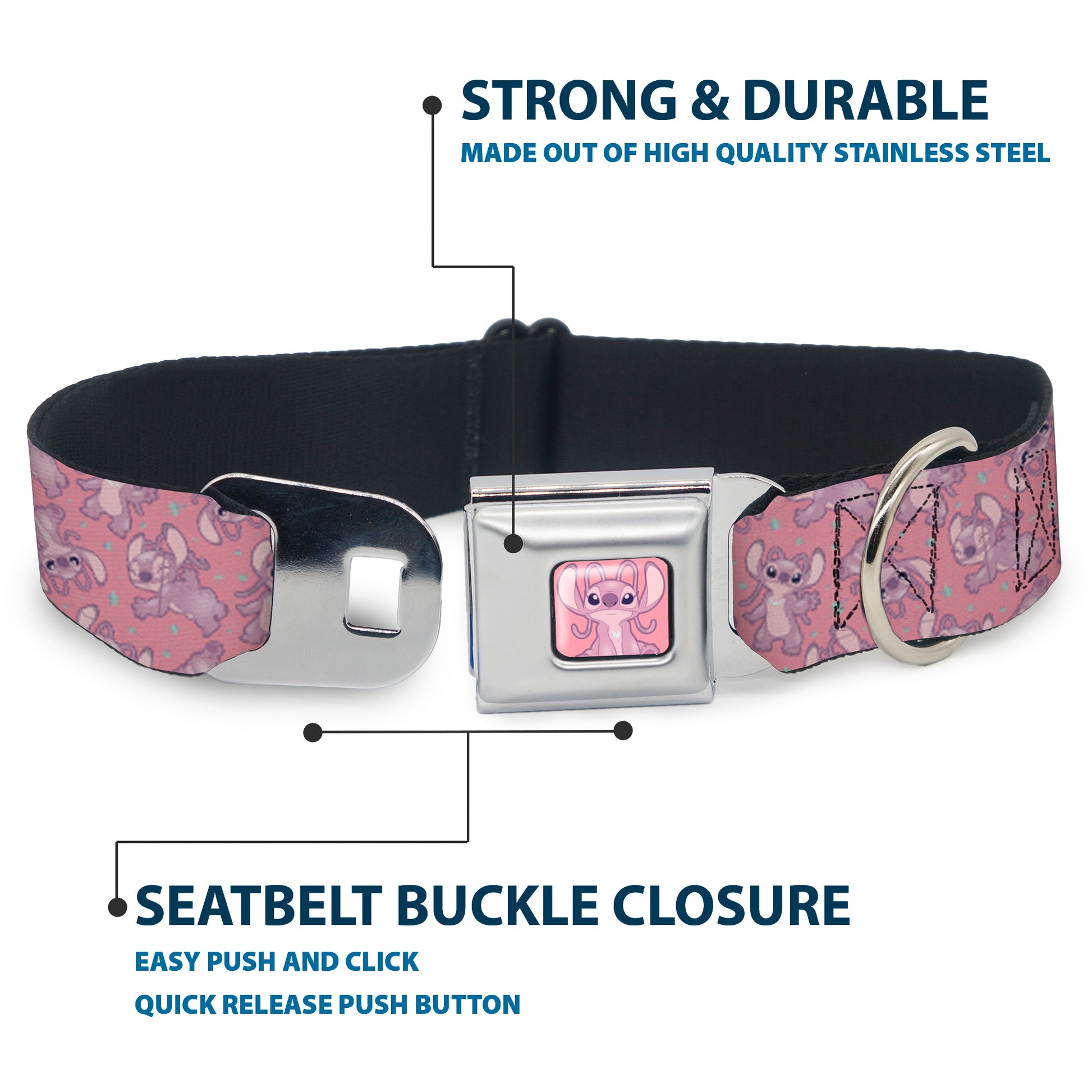 Lilo & Stitch Angel Sitting Pose Full Color Pink Seatbelt Buckle Collar - Lilo & Stitch Angel Poses Scattered Pinks Seatbelt Buckle Collars Disney