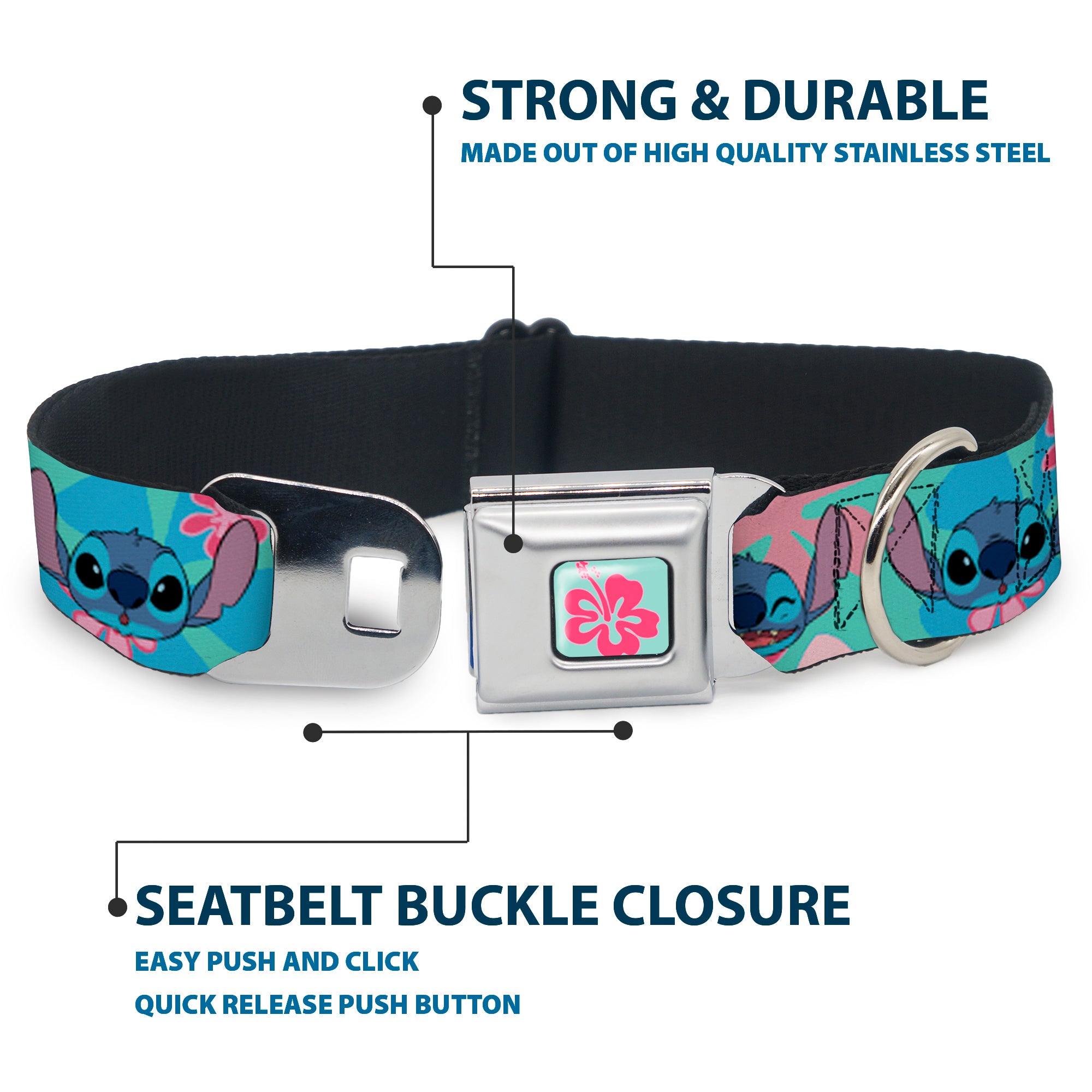 Lilo & Stitch Flower Full Color Blue/Pink Seatbelt Buckle Collar - Lilo & Stitch Stitch Expressions and Tropical Flowers Blues/Pinks Seatbelt Buckle Collars Disney