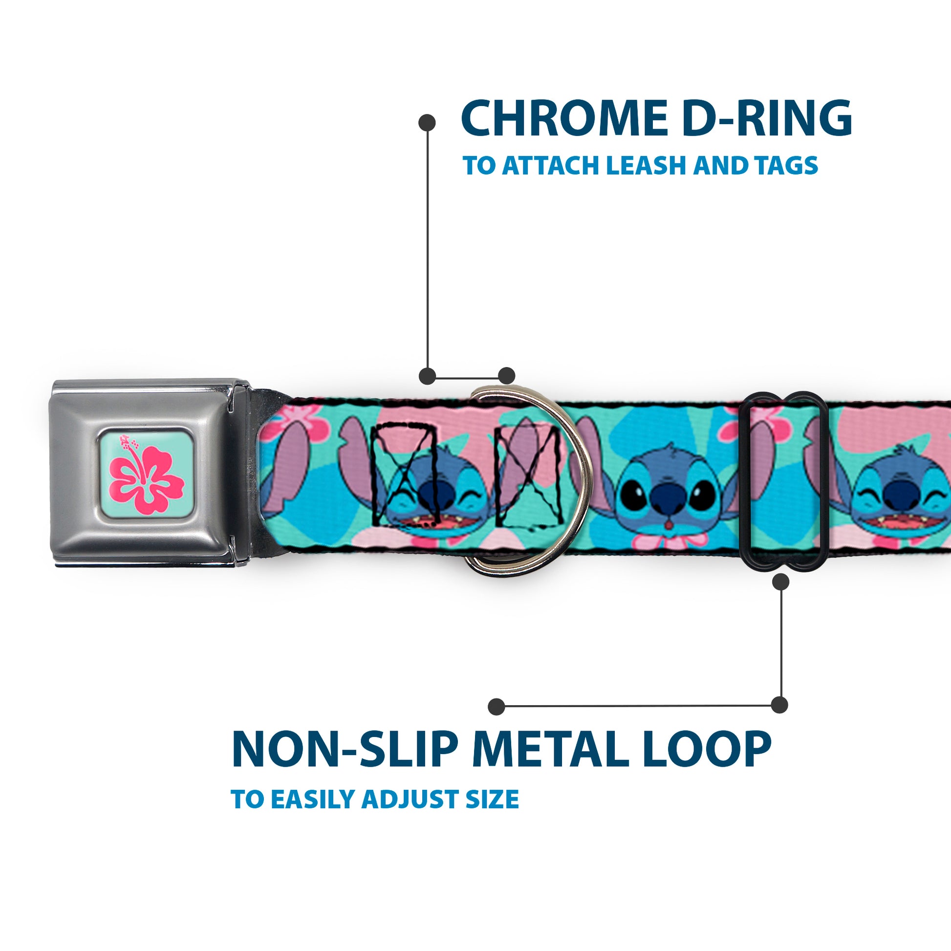 Lilo & Stitch Flower Full Color Blue/Pink Seatbelt Buckle Collar - Lilo & Stitch Stitch Expressions and Tropical Flowers Blues/Pinks Seatbelt Buckle Collars Disney