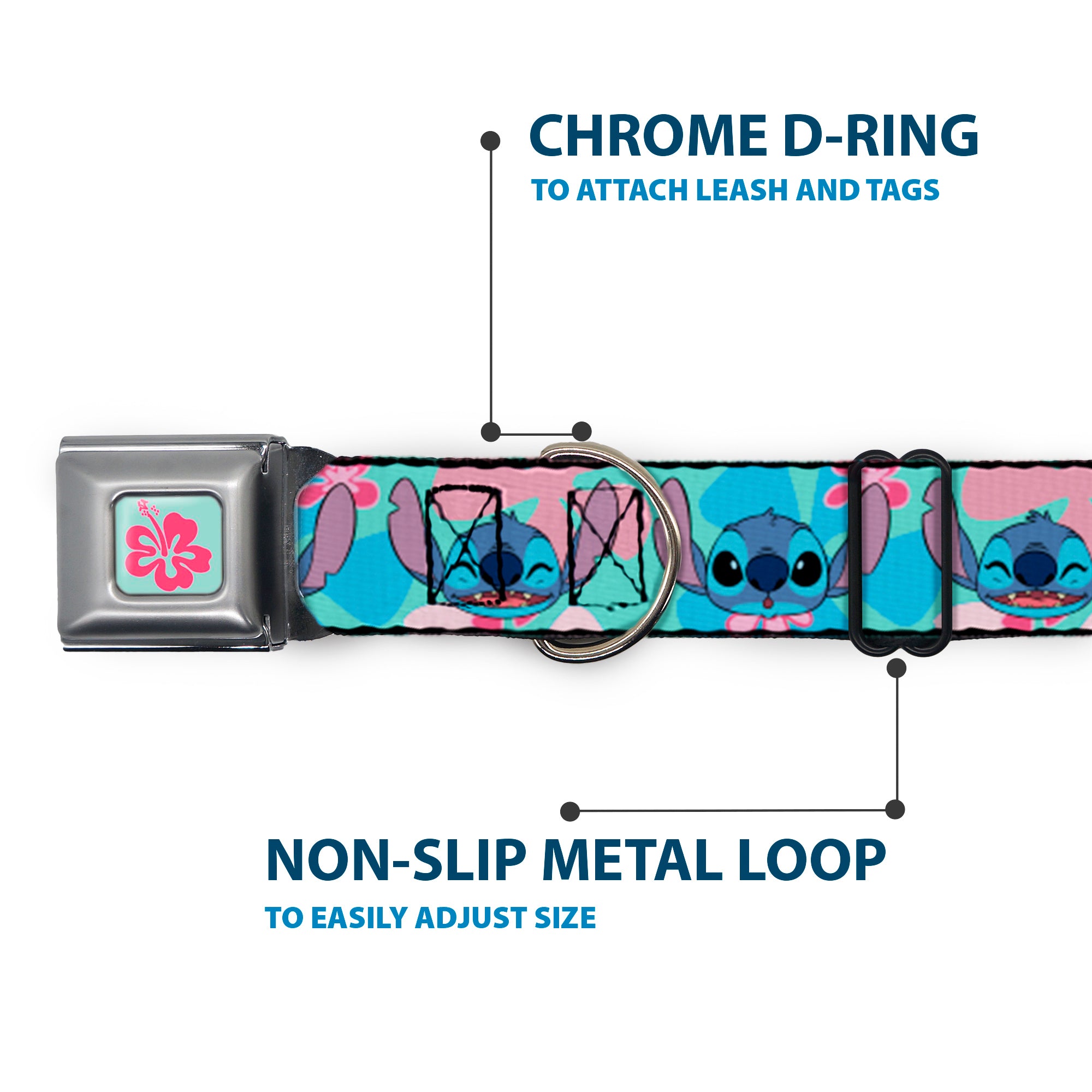 Lilo & Stitch Flower Full Color Blue/Pink Seatbelt Buckle Collar - Lilo & Stitch Stitch Expressions and Tropical Flowers Blues/Pinks Seatbelt Buckle Collars Disney