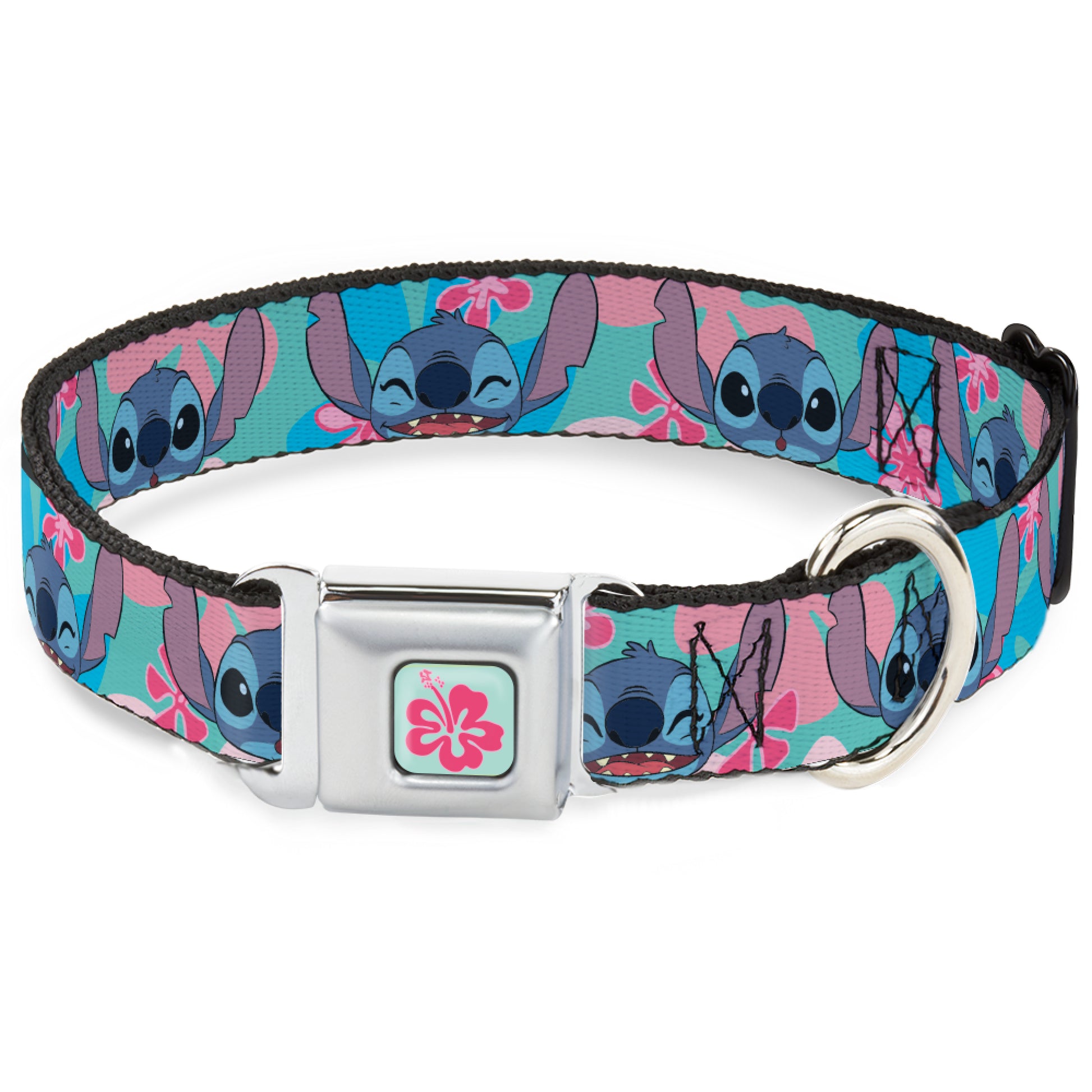 Lilo & Stitch Flower Full Color Blue/Pink Seatbelt Buckle Collar - Lilo & Stitch Stitch Expressions and Tropical Flowers Blues/Pinks Seatbelt Buckle Collars Disney