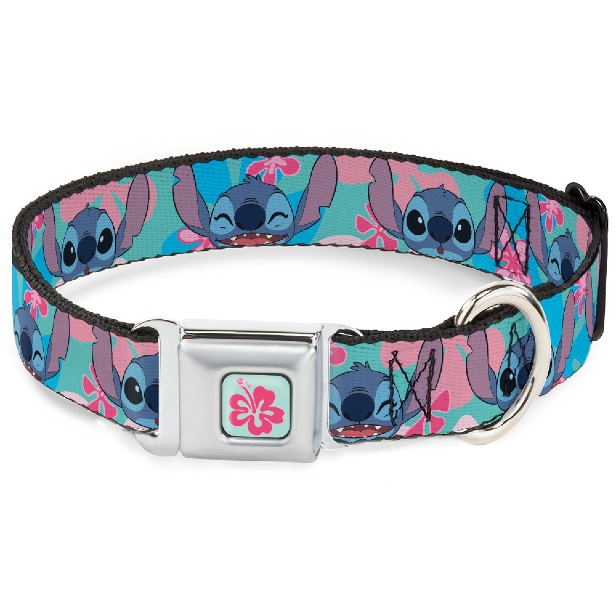 Lilo & Stitch Flower Full Color Blue/Pink Seatbelt Buckle Collar - Lilo & Stitch Stitch Expressions and Tropical Flowers Blues/Pinks Seatbelt Buckle Collars Disney