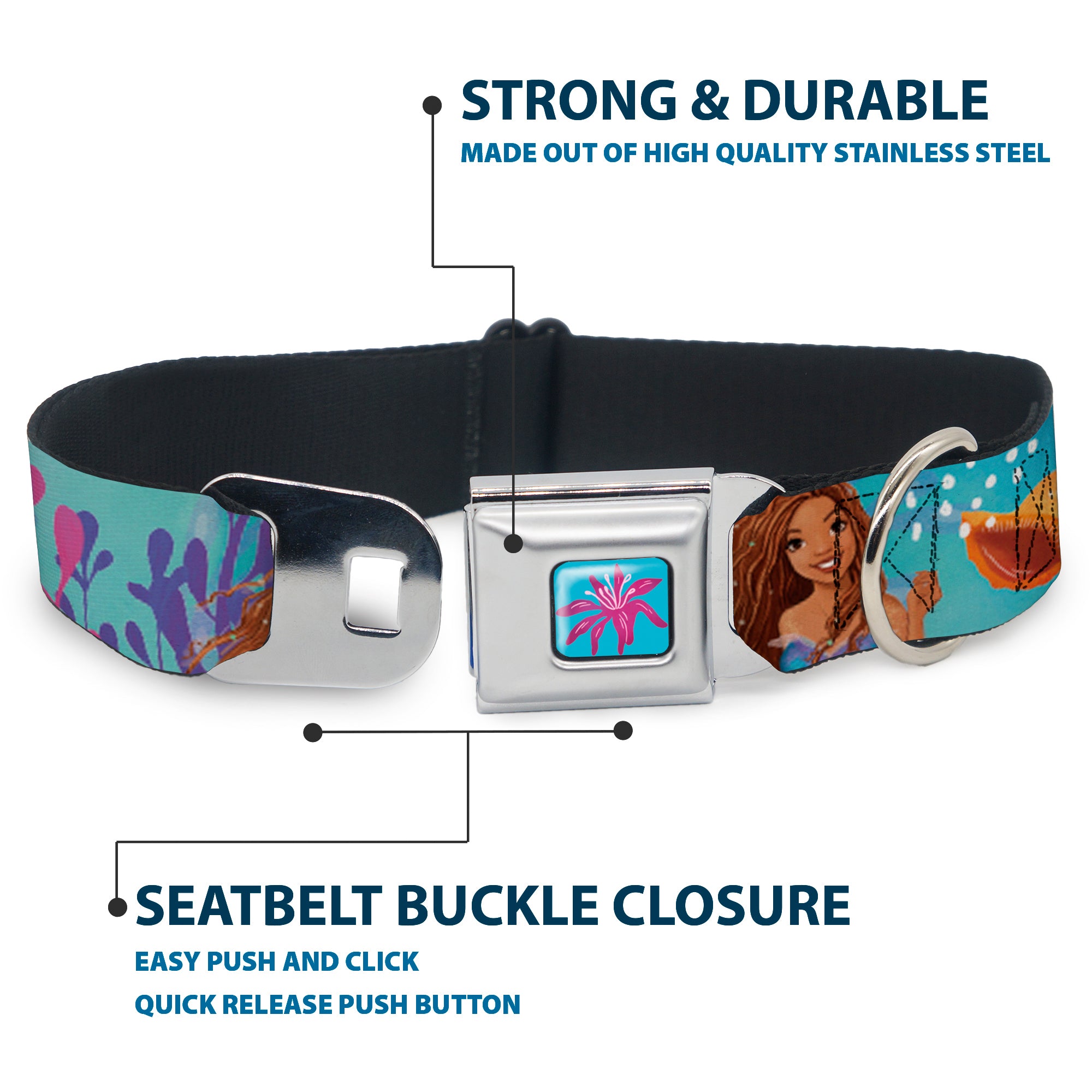 The Little Mermaid Sea Flower Full Color Blue/Purple Seatbelt Buckle Collar - The Little Mermaid Live Action Ariel Under the Sea Poses Blues Seatbelt Buckle Collars Disney