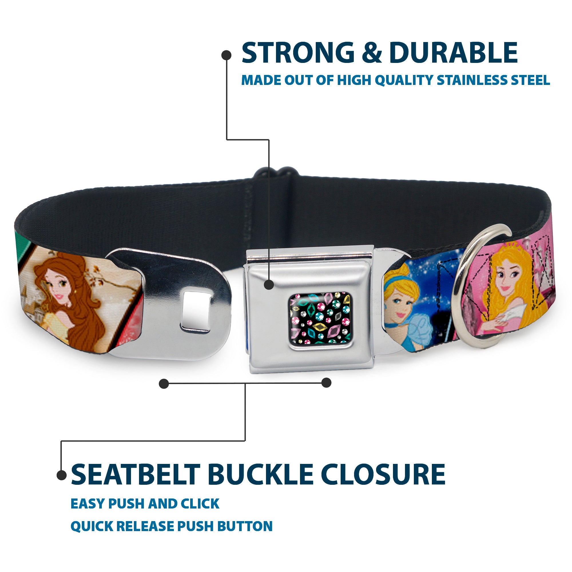 Princess Jewels Full Color Black/Multi Color Seatbelt Buckle Collar - Disney Princess Poses/Castle Blocks Seatbelt Buckle Collars Disney