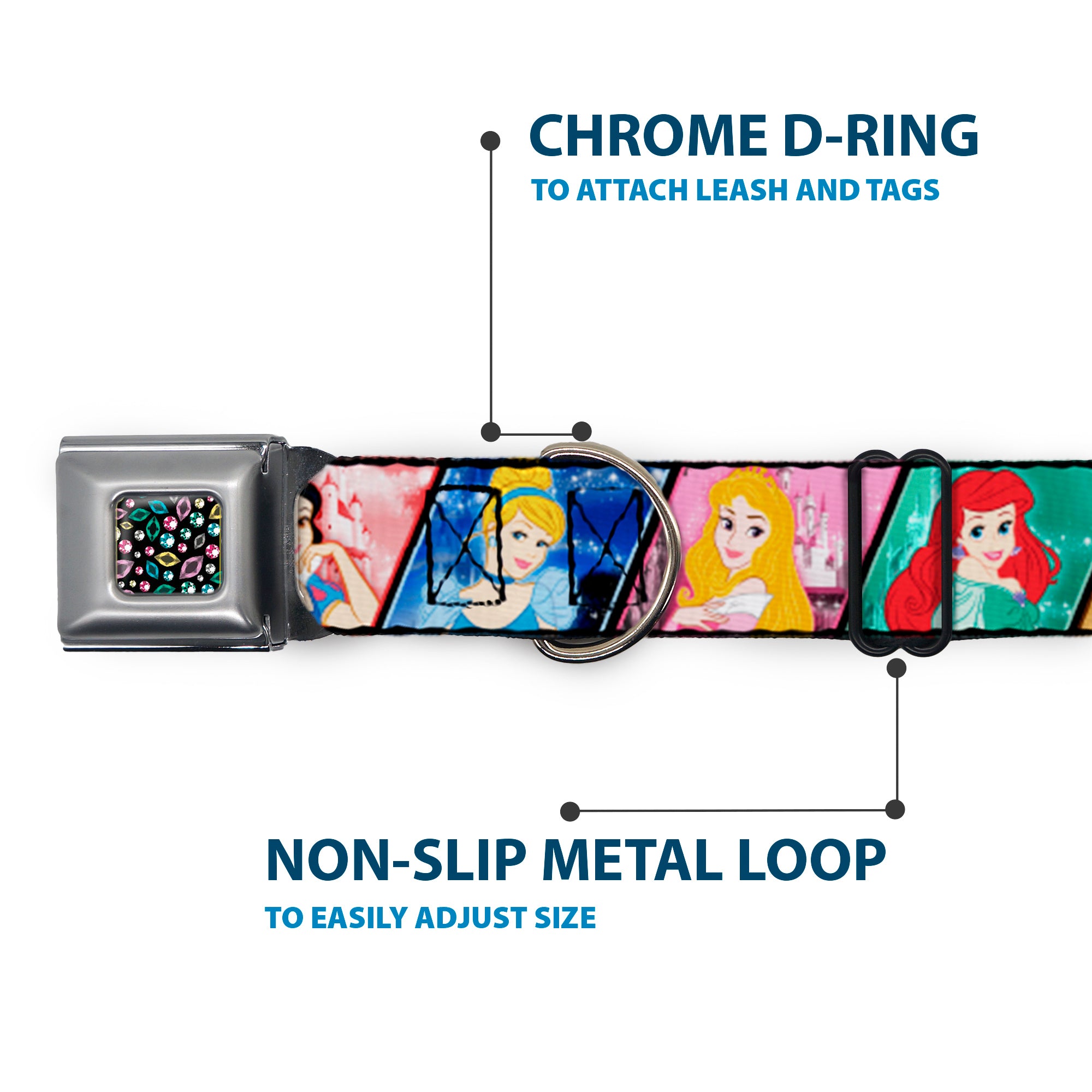 Princess Jewels Full Color Black/Multi Color Seatbelt Buckle Collar - Disney Princess Poses/Castle Blocks Seatbelt Buckle Collars Disney