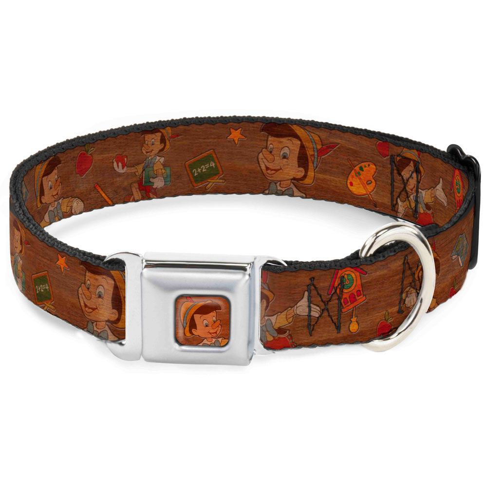 Pinocchio CLOSE-UP Full Color Wood Grain Seatbelt Buckle Collar - Pinocchio Poses Black/White/Multi Color Seatbelt Buckle Collars Disney
