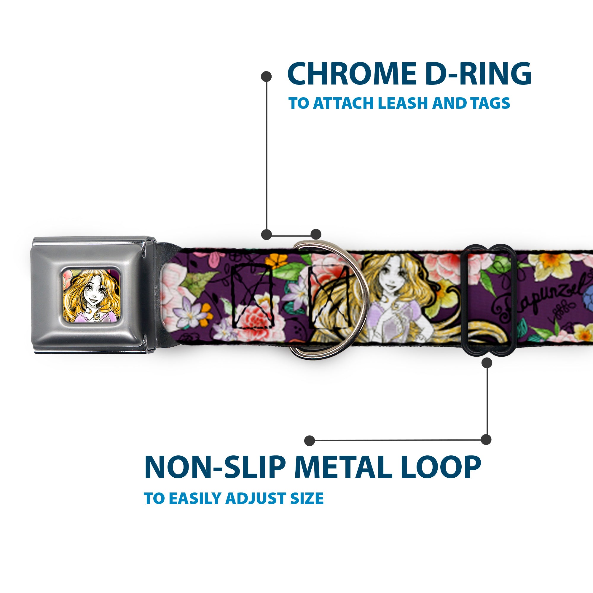 Rapunzel Sketch Full Color Seatbelt Buckle Collar - Rapunzel Poses/Floral Collage Sketch Purple Seatbelt Buckle Collars Disney