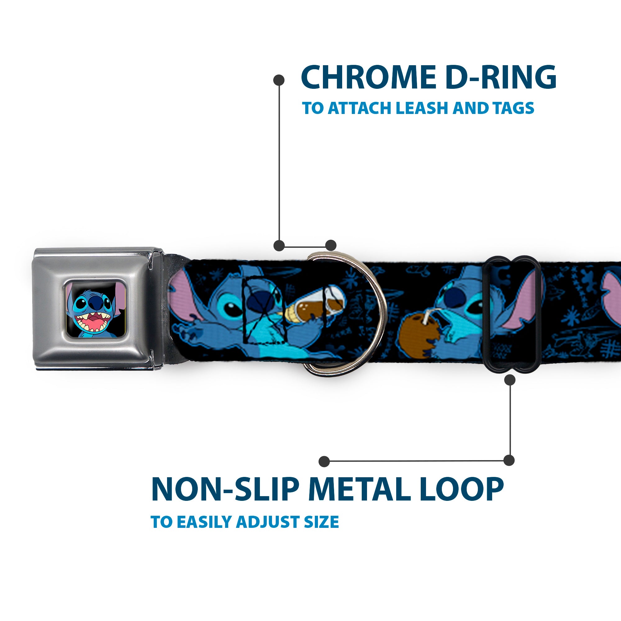 Stitch Smiling CLOSE-UP Full Color Black Seatbelt Buckle Collar - Stitch Snacking Poses Black/Blue Seatbelt Buckle Collars Disney