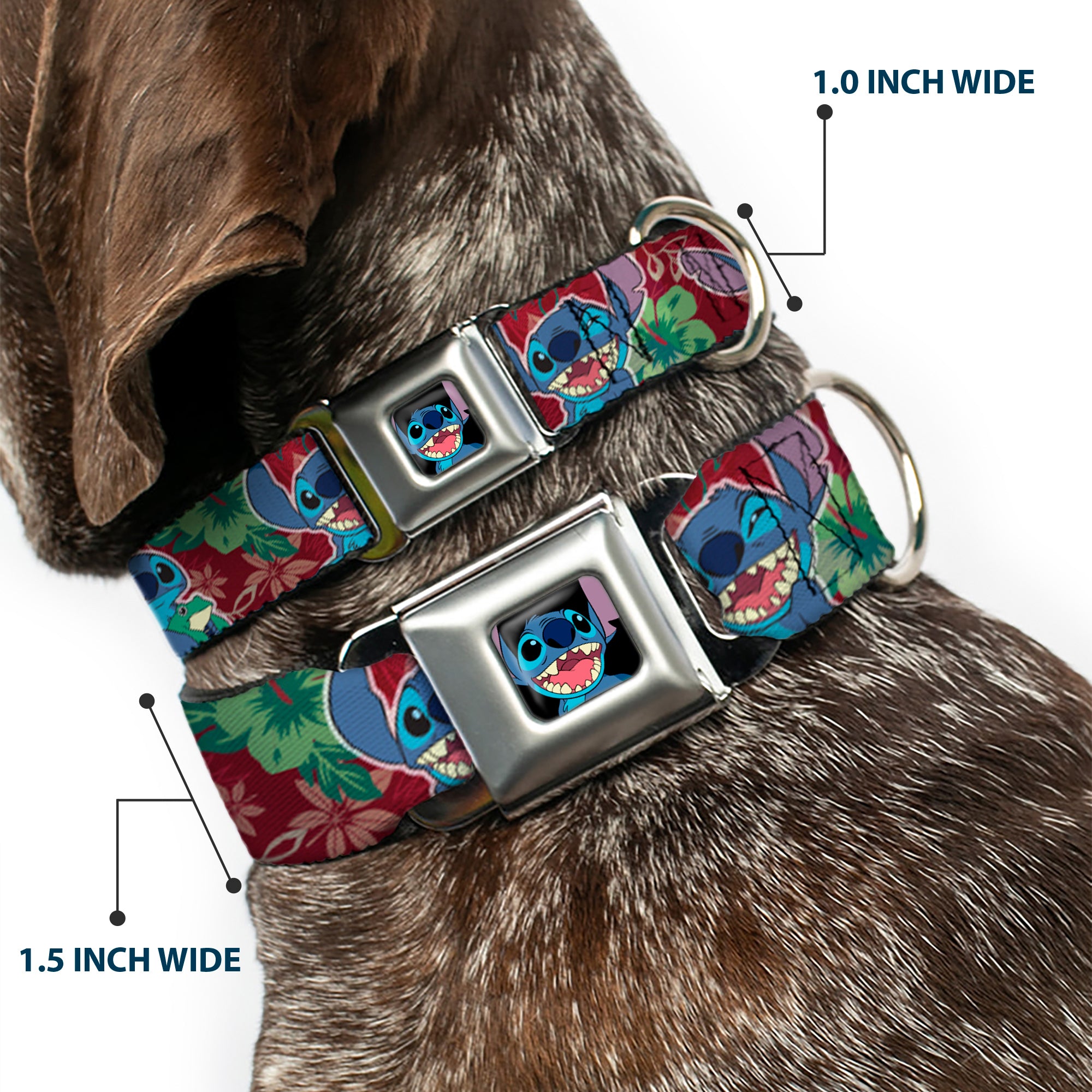 Stitch Smiling CLOSE-UP Full Color Black Seatbelt Buckle Collar - Stitch 6-Expressions Tropical Flora Burgundy Reds/Greens Seatbelt Buckle Collars Disney