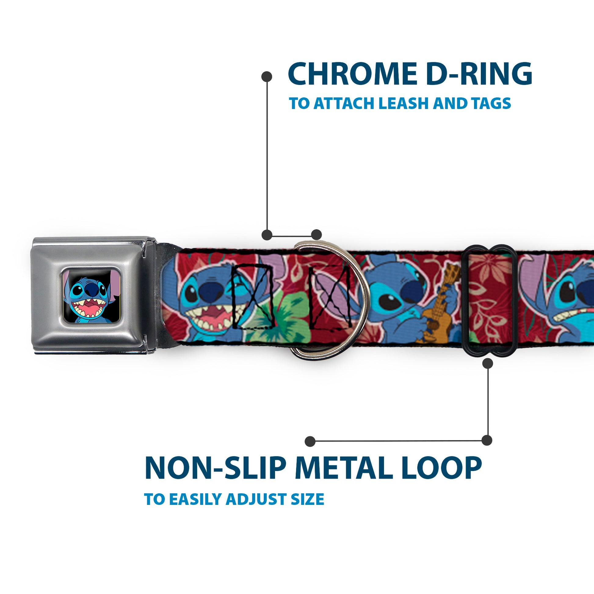 Stitch Smiling CLOSE-UP Full Color Black Seatbelt Buckle Collar - Stitch 6-Expressions Tropical Flora Burgundy Reds/Greens Seatbelt Buckle Collars Disney