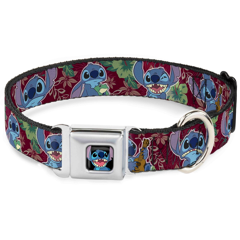 Stitch Smiling CLOSE-UP Full Color Black Seatbelt Buckle Collar - Stitch 6-Expressions Tropical Flora Burgundy Reds/Greens Seatbelt Buckle Collars Disney
