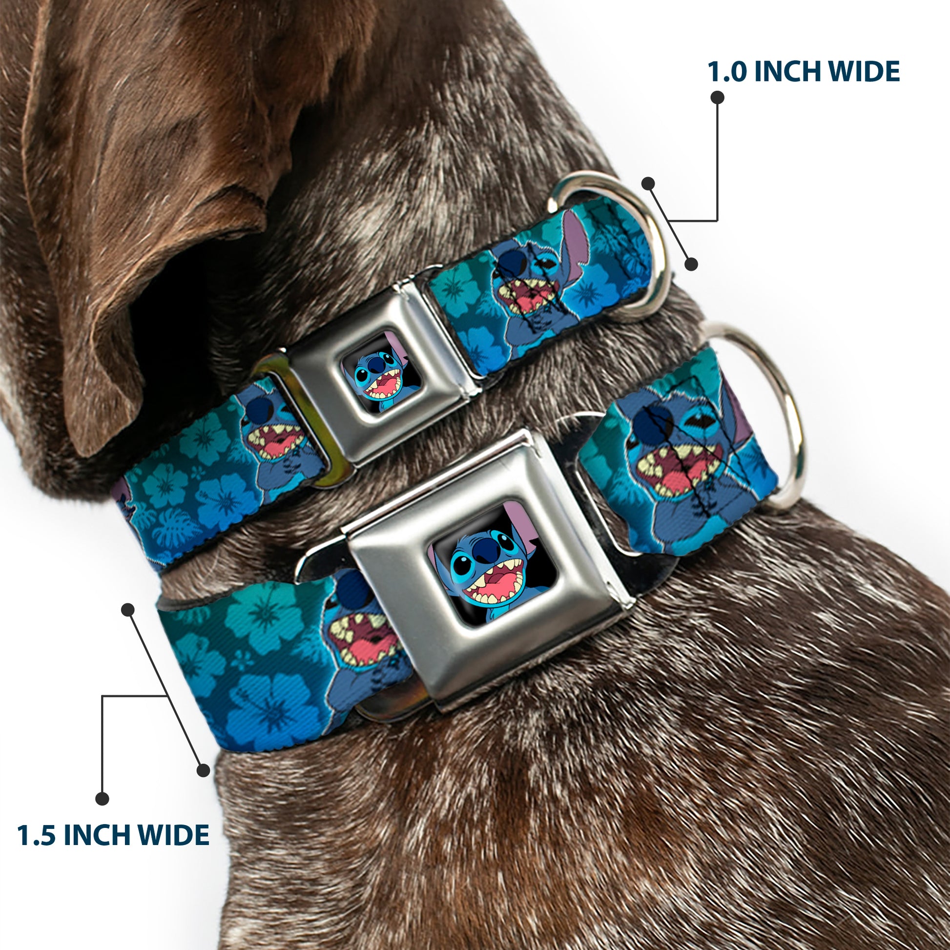 Stitch Smiling CLOSE-UP Full Color Black Seatbelt Buckle Collar - Stitch Expressions/Hibiscus Collage Green-Blue Fade Seatbelt Buckle Collars Disney
