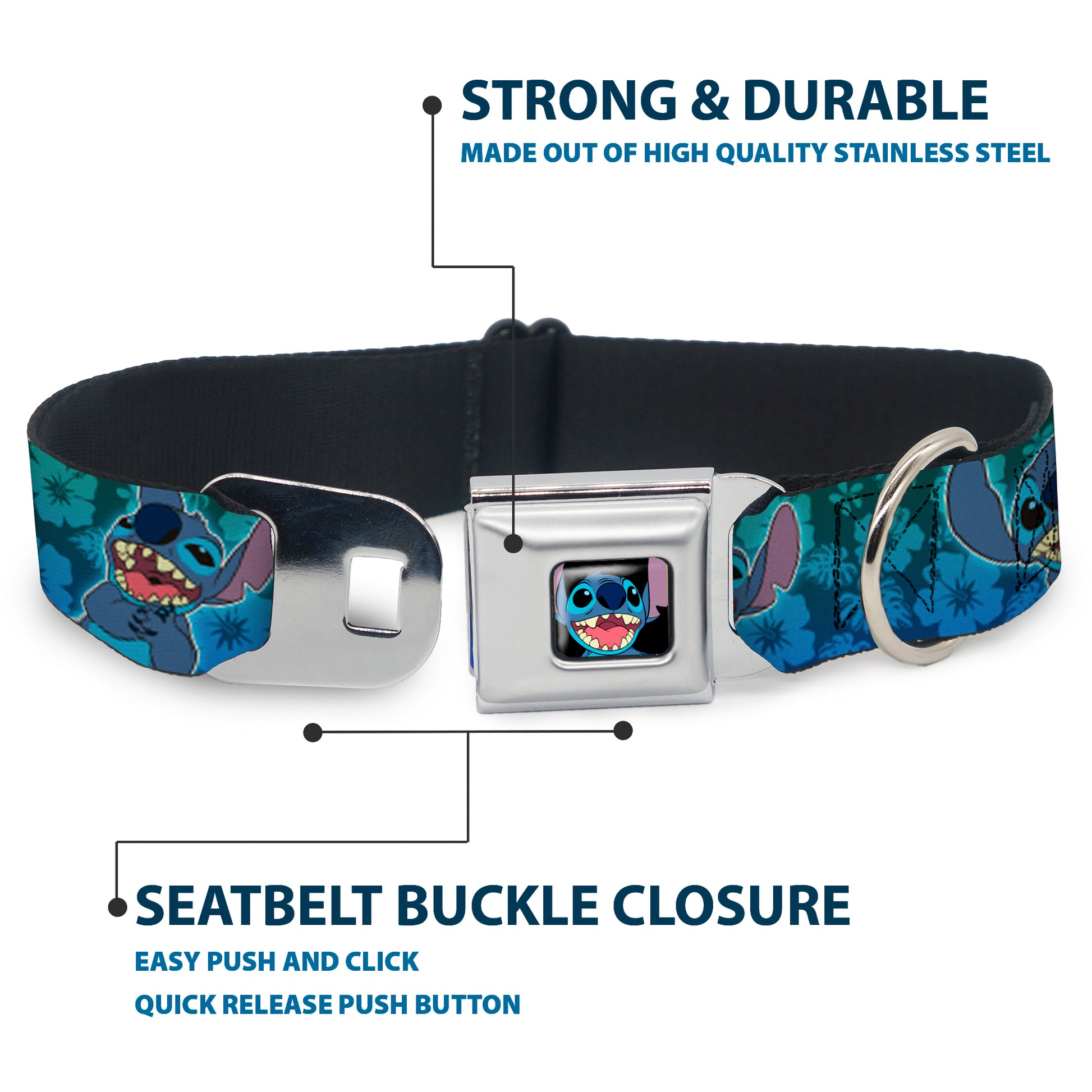 Stitch Smiling CLOSE-UP Full Color Black Seatbelt Buckle Collar - Stitch Expressions/Hibiscus Collage Green-Blue Fade Seatbelt Buckle Collars Disney