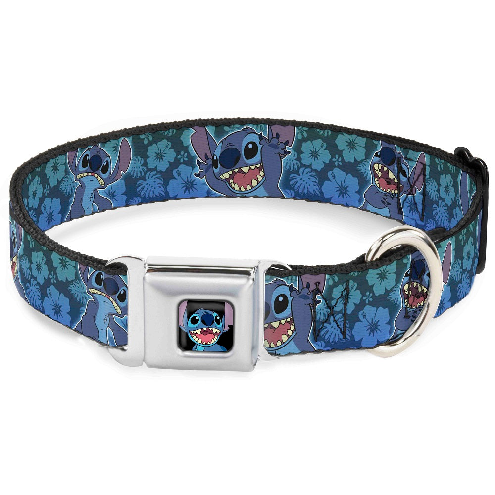 Stitch Smiling CLOSE-UP Full Color Black Seatbelt Buckle Collar - Stitch Expressions/Hibiscus Collage Green-Blue Fade Seatbelt Buckle Collars Disney