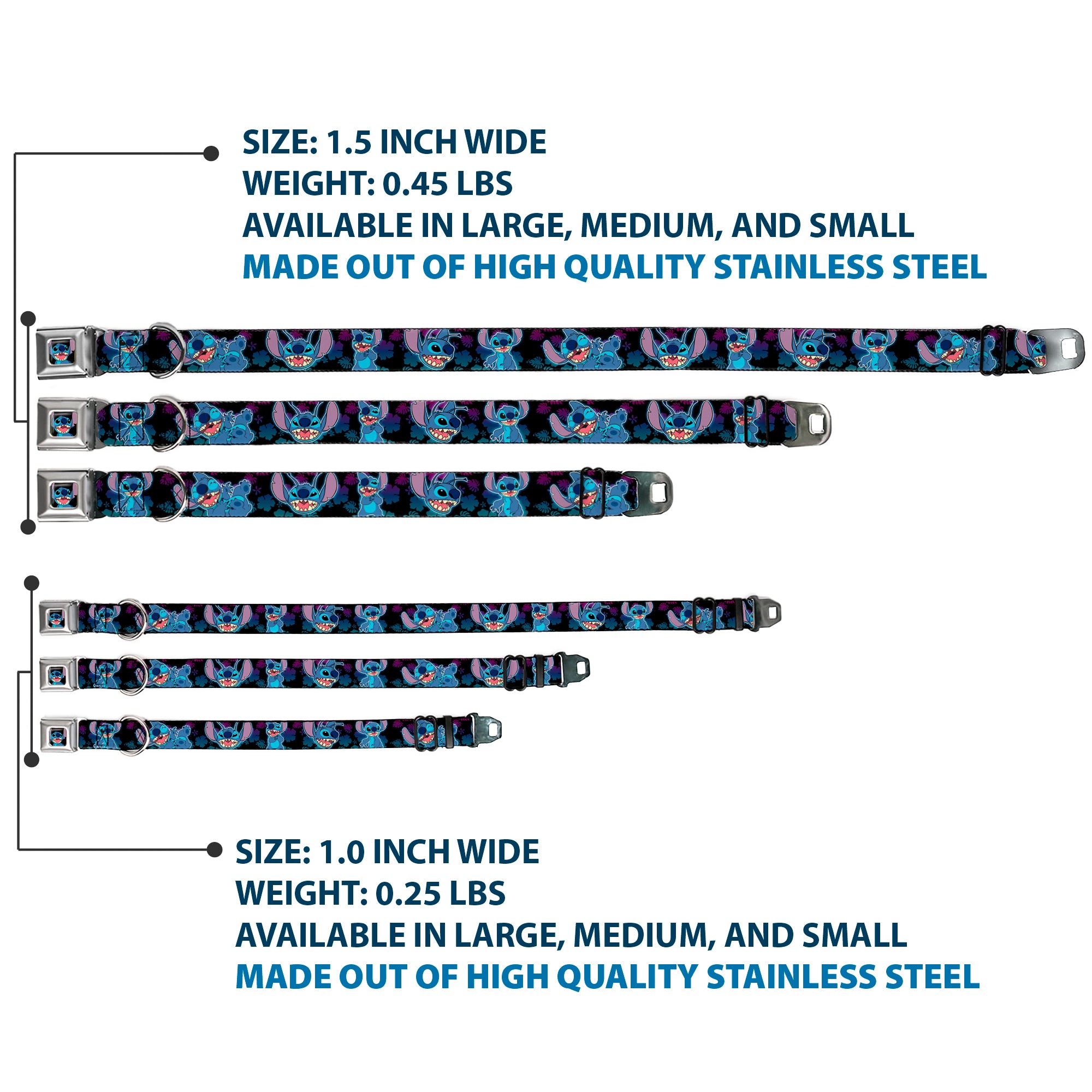Stitch Smiling CLOSE-UP Full Color Seatbelt Buckle Collar - Stitch 2-Expressions/2-Poses Tropical Flora Black/Purple-Blue Fade Seatbelt Buckle Collars Disney