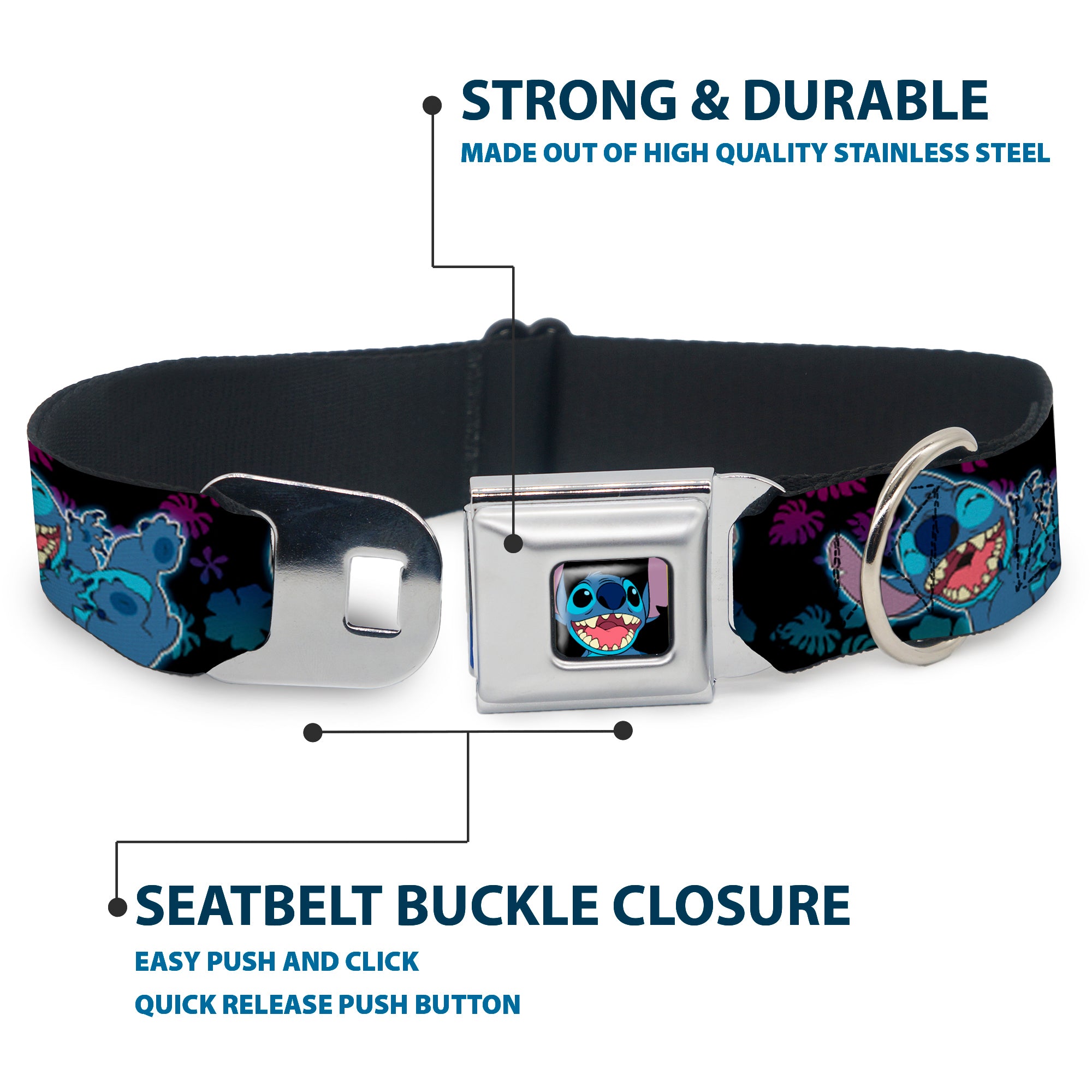 Stitch Smiling CLOSE-UP Full Color Seatbelt Buckle Collar - Stitch 2-Expressions/2-Poses Tropical Flora Black/Purple-Blue Fade Seatbelt Buckle Collars Disney