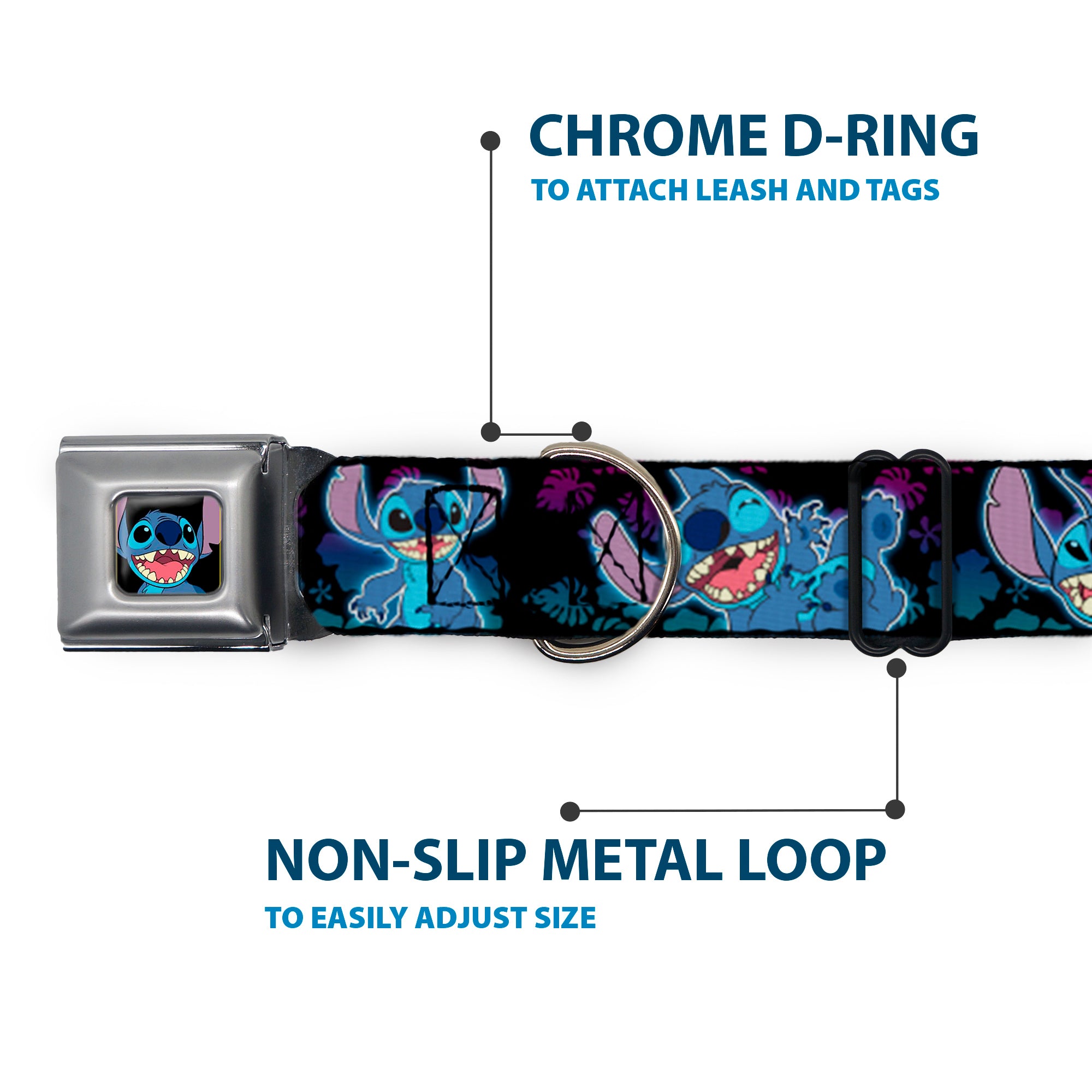 Stitch Smiling CLOSE-UP Full Color Seatbelt Buckle Collar - Stitch 2-Expressions/2-Poses Tropical Flora Black/Purple-Blue Fade Seatbelt Buckle Collars Disney