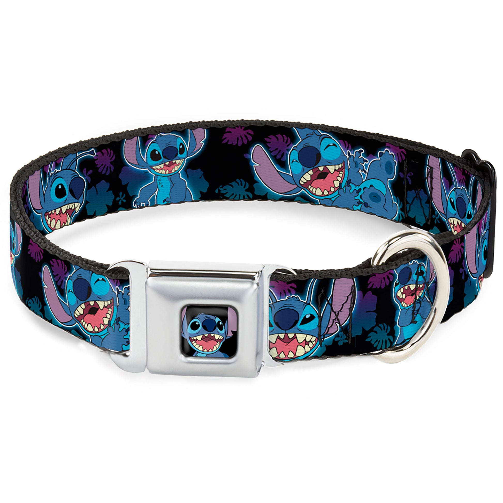 Stitch Smiling CLOSE-UP Full Color Seatbelt Buckle Collar - Stitch 2-Expressions/2-Poses Tropical Flora Black/Purple-Blue Fade Seatbelt Buckle Collars Disney
