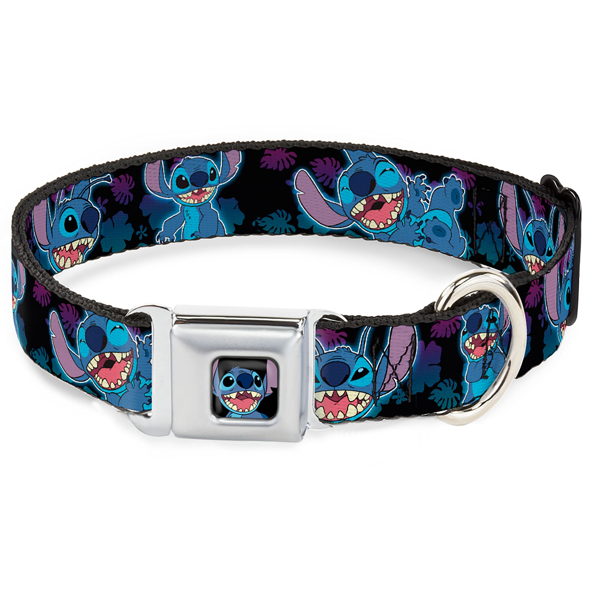 Stitch Smiling CLOSE-UP Full Color Seatbelt Buckle Collar - Stitch 2-Expressions/2-Poses Tropical Flora Black/Purple-Blue Fade Seatbelt Buckle Collars Disney