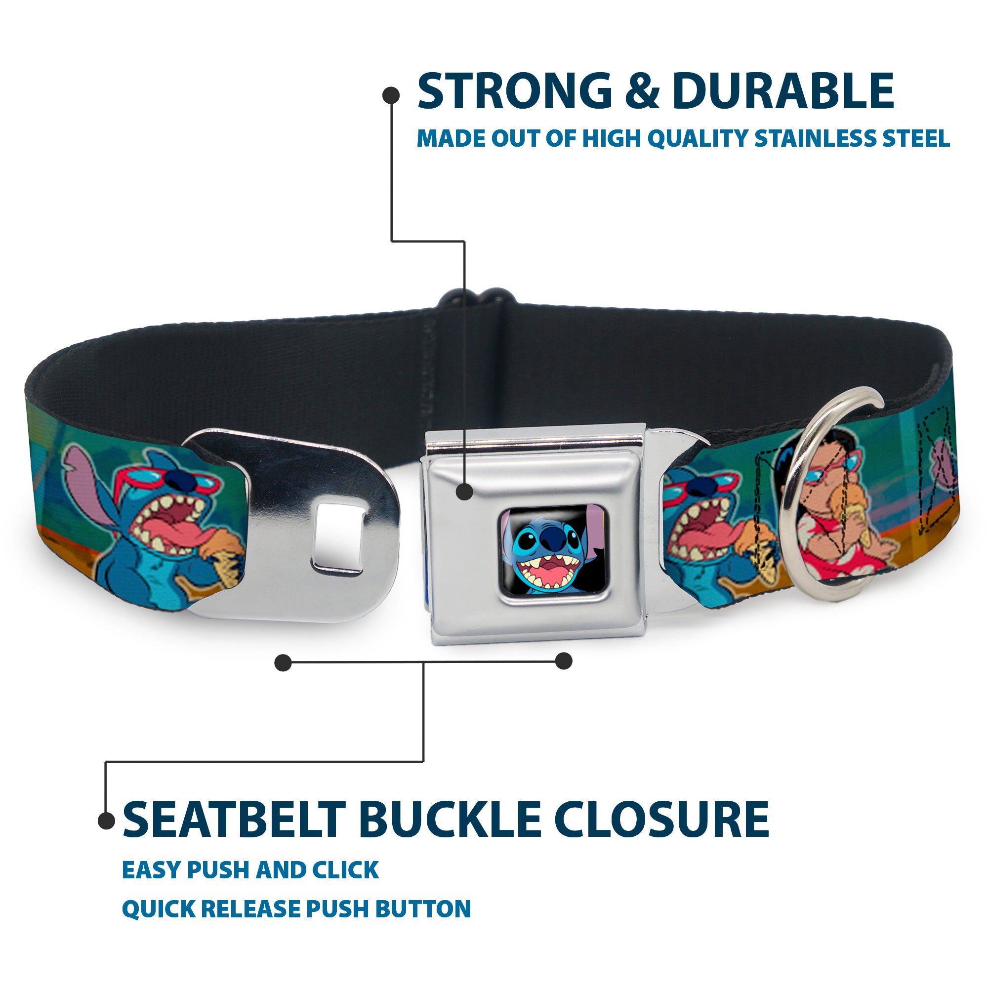 Stitch Smiling CLOSE-UP Full Color Black Seatbelt Buckle Collar - Lilo & Stitch 5-Scene Blocks Seatbelt Buckle Collars Disney