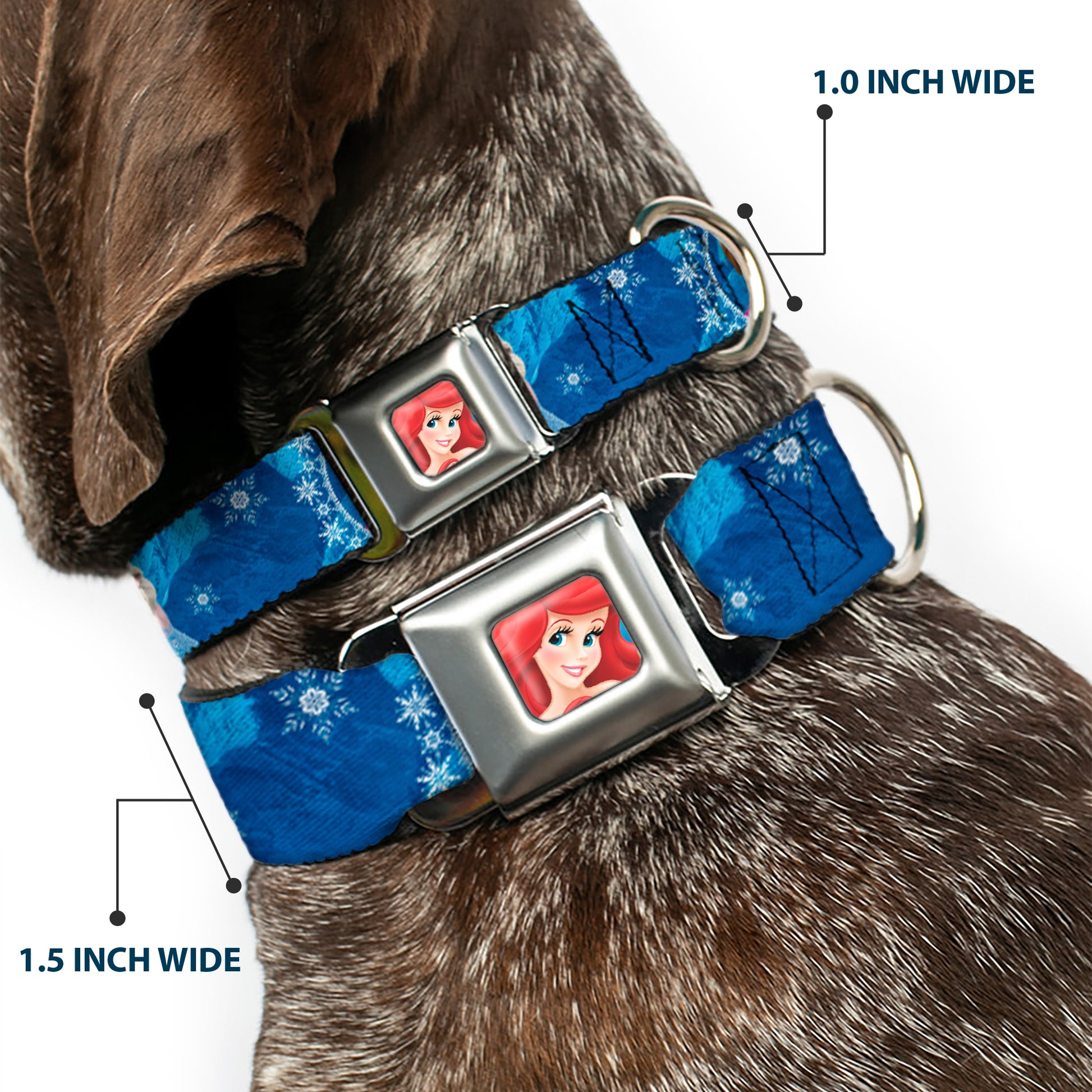 Frozen Elsa the Snow Queen Pose Snowflakes Full Color Blue White Seatbelt Buckle Collar - Anna & Elsa Poses/Castle & Mountains Blues Seatbelt Buckle Collars Disney