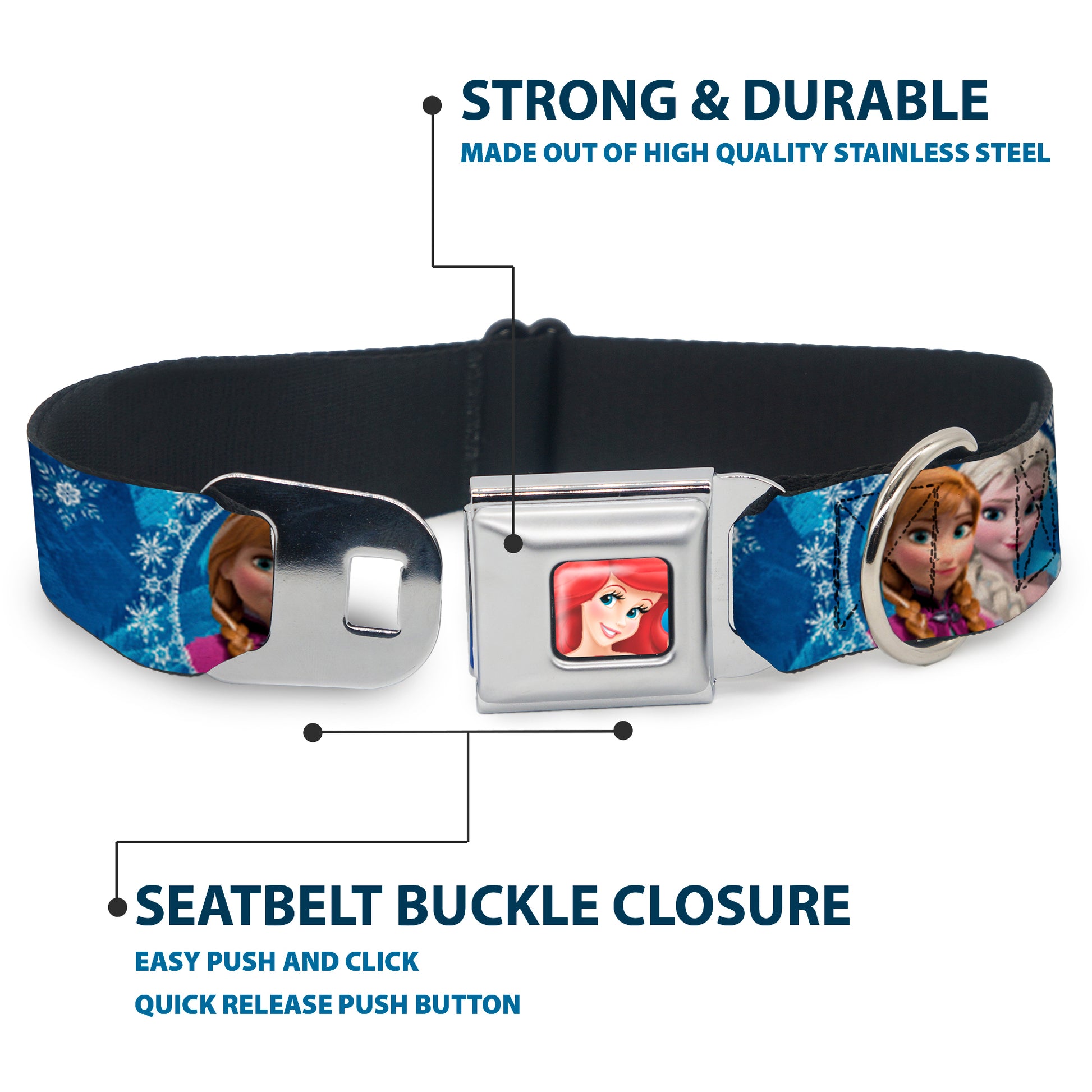 Frozen Elsa the Snow Queen Pose Snowflakes Full Color Blue White Seatbelt Buckle Collar - Anna & Elsa Poses/Castle & Mountains Blues Seatbelt Buckle Collars Disney