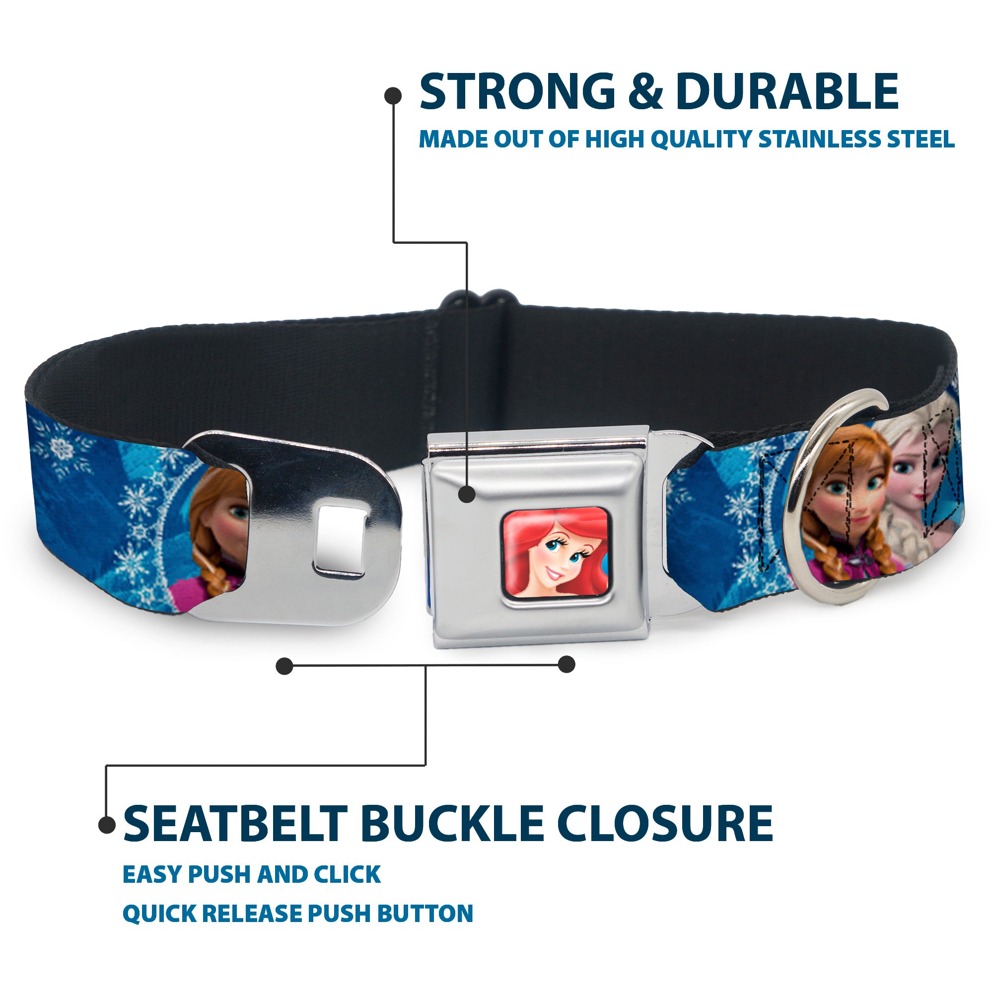 Frozen Elsa the Snow Queen Pose Snowflakes Full Color Blue White Seatbelt Buckle Collar - Anna & Elsa Poses/Castle & Mountains Blues Seatbelt Buckle Collars Disney