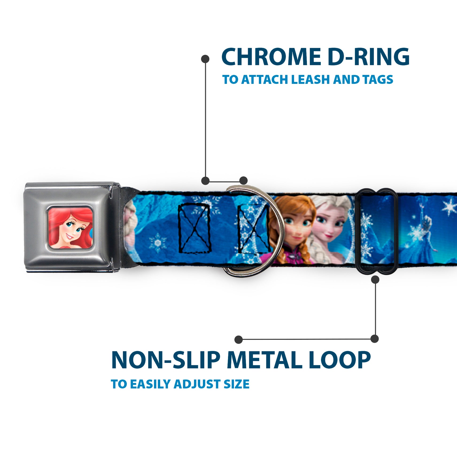 Frozen Elsa the Snow Queen Pose Snowflakes Full Color Blue White Seatbelt Buckle Collar - Anna & Elsa Poses/Castle & Mountains Blues Seatbelt Buckle Collars Disney
