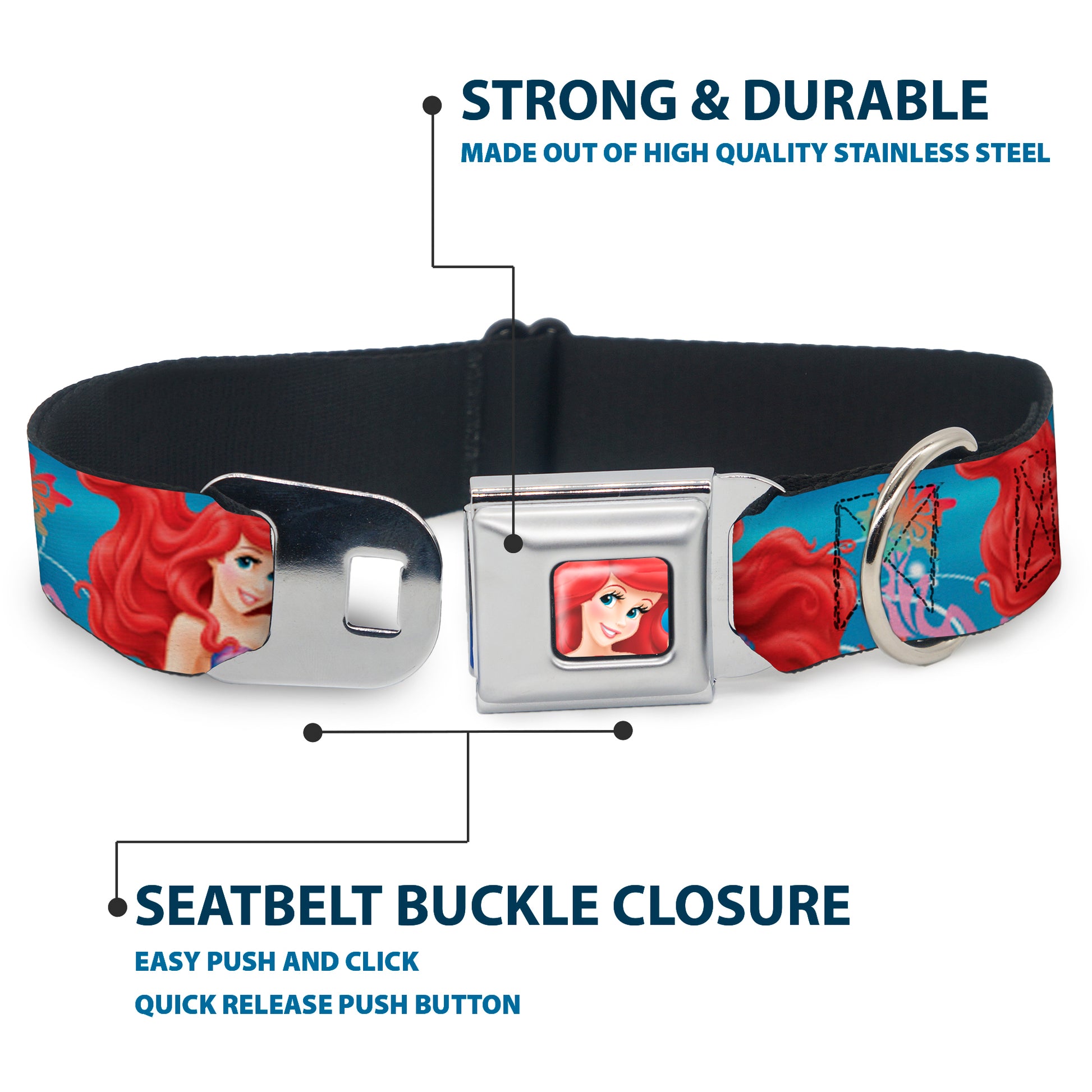Ariel Face3 Full Color Blue Seatbelt Buckle Collar - Ariel & Flounder Vivid Underwater Poses Seatbelt Buckle Collars Disney