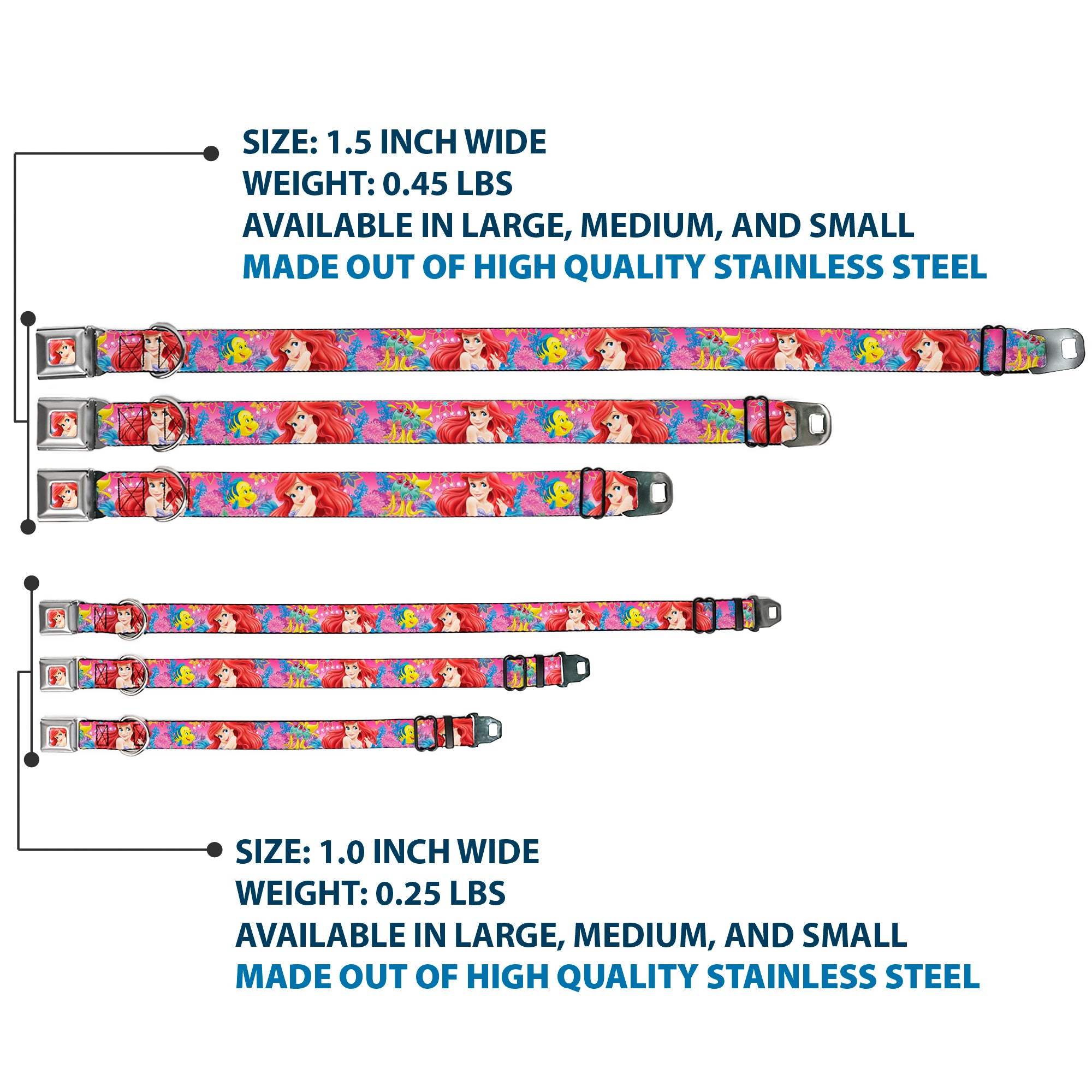 Ariel Face4 Full Color Pink Blue Seatbelt Buckle Collar - Ariel/Flounder/Fish Trio Poses Pinks Seatbelt Buckle Collars Disney