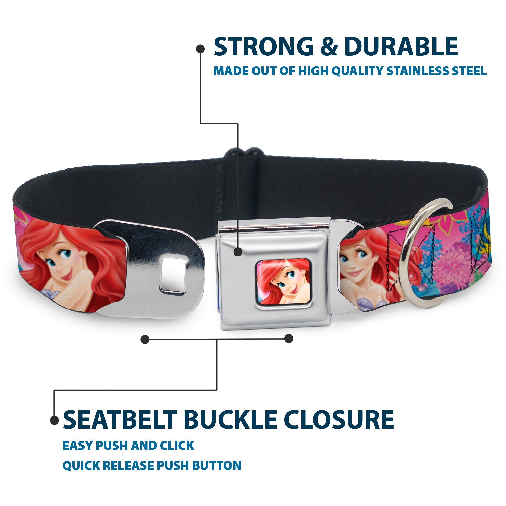 Ariel Face4 Full Color Pink Blue Seatbelt Buckle Collar - Ariel/Flounder/Fish Trio Poses Pinks Seatbelt Buckle Collars Disney