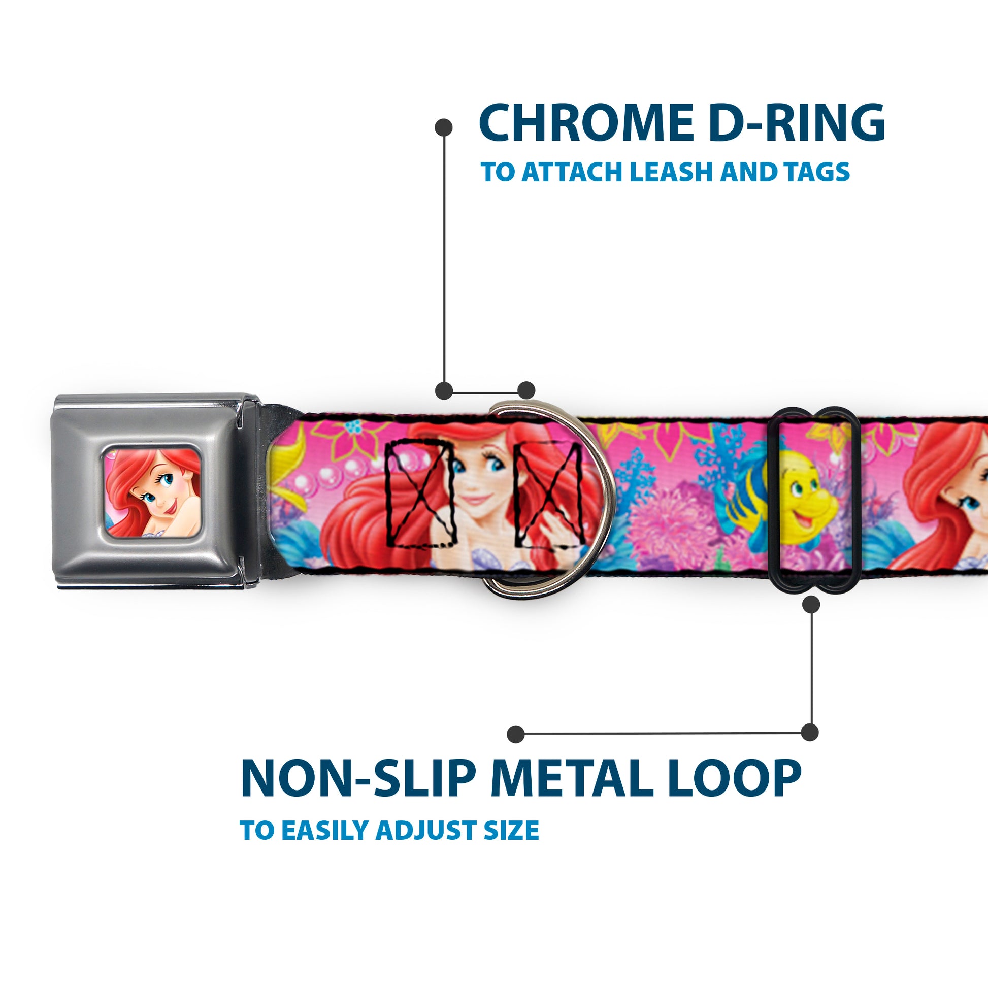 Ariel Face4 Full Color Pink Blue Seatbelt Buckle Collar - Ariel/Flounder/Fish Trio Poses Pinks Seatbelt Buckle Collars Disney