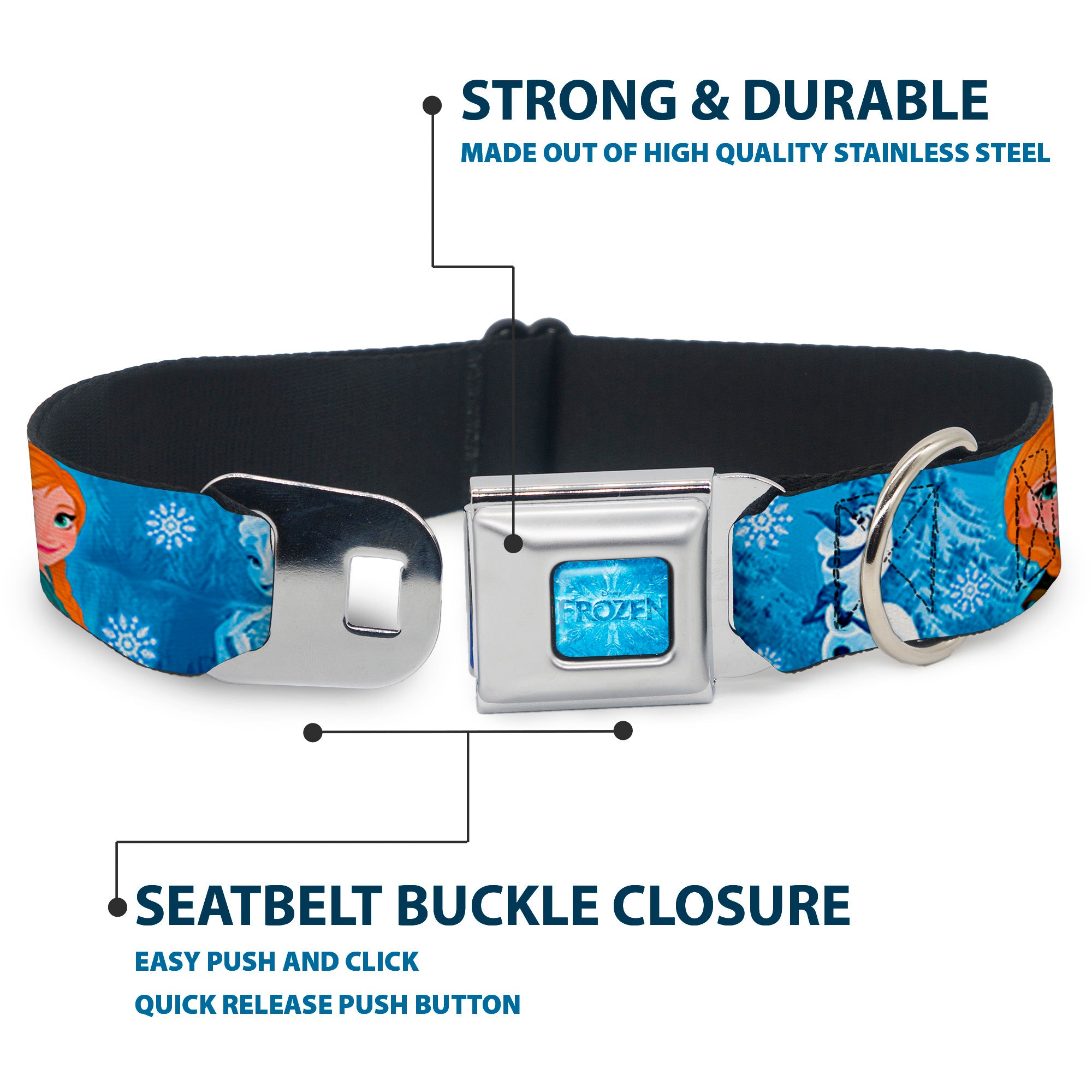 FROZEN Logo Full Color Blues Seatbelt Buckle Collar - Frozen Character Poses Blues Seatbelt Buckle Collars Disney