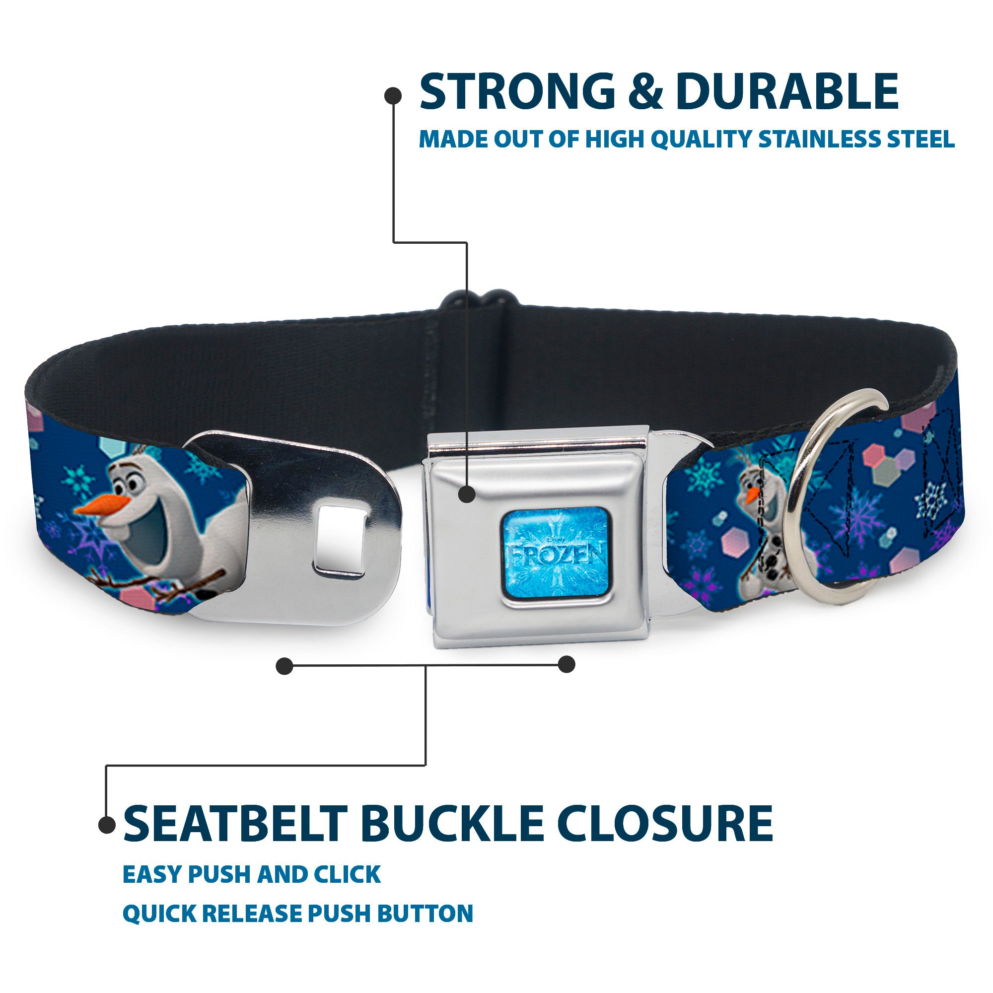 FROZEN Logo Full Color Blues Seatbelt Buckle Collar - Frozen Olaf Poses/Snowflakes Blues Seatbelt Buckle Collars Disney