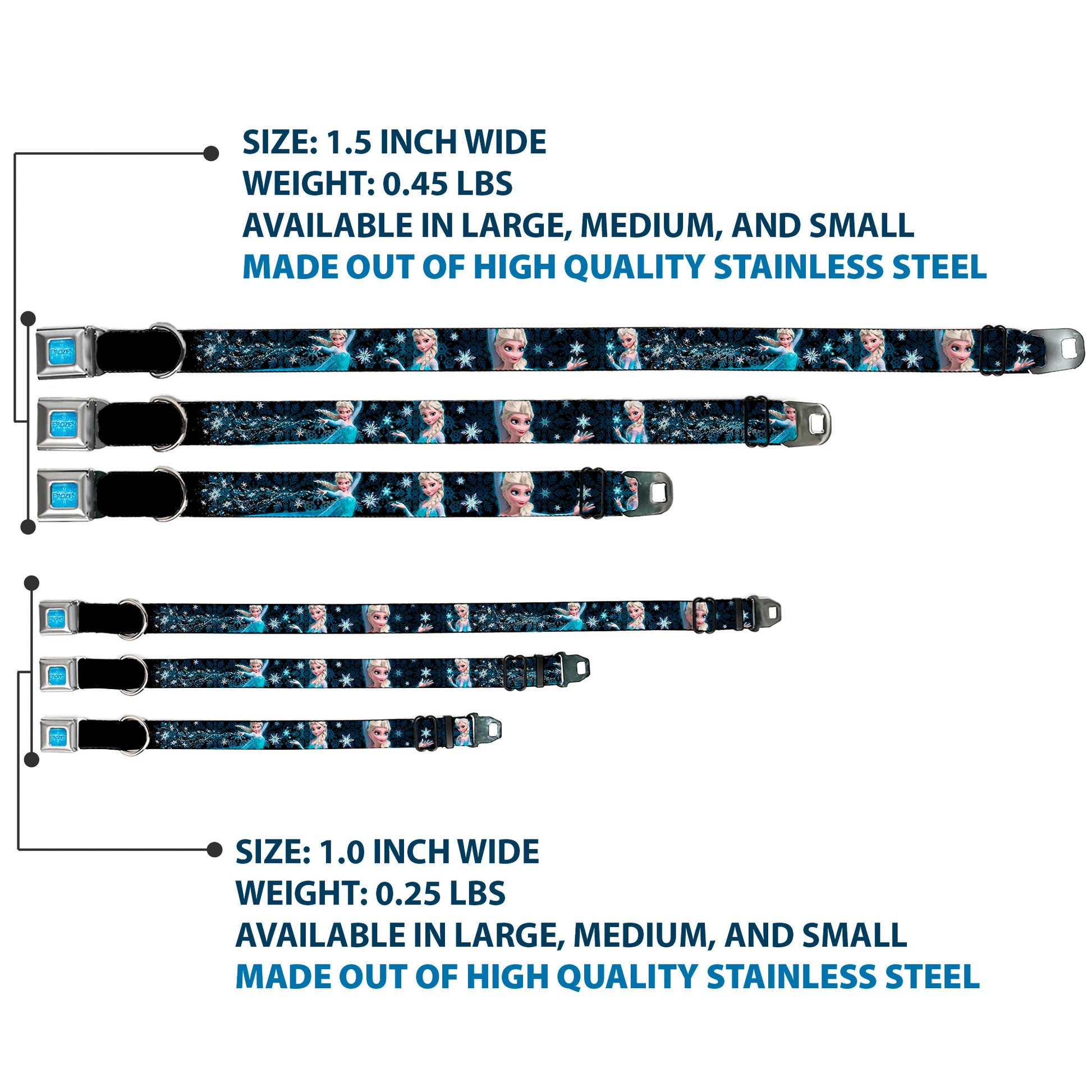 FROZEN Logo Full Color Blues Seatbelt Buckle Collar - Elsa the Snow Queen Poses PERFECT AND POWERFUL Blues/White Seatbelt Buckle Collars Disney