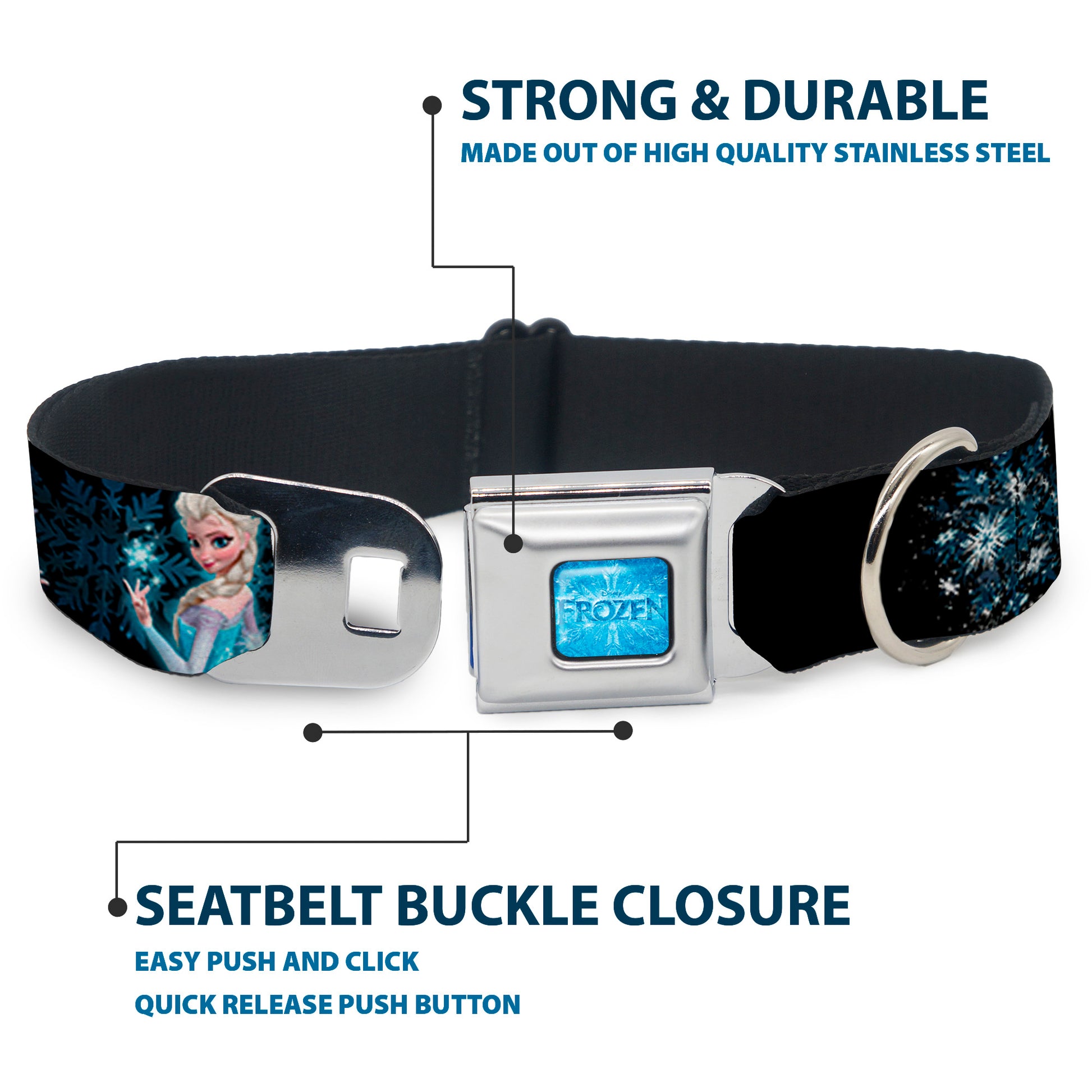 FROZEN Logo Full Color Blues Seatbelt Buckle Collar - Elsa the Snow Queen Poses PERFECT AND POWERFUL Blues/White Seatbelt Buckle Collars Disney