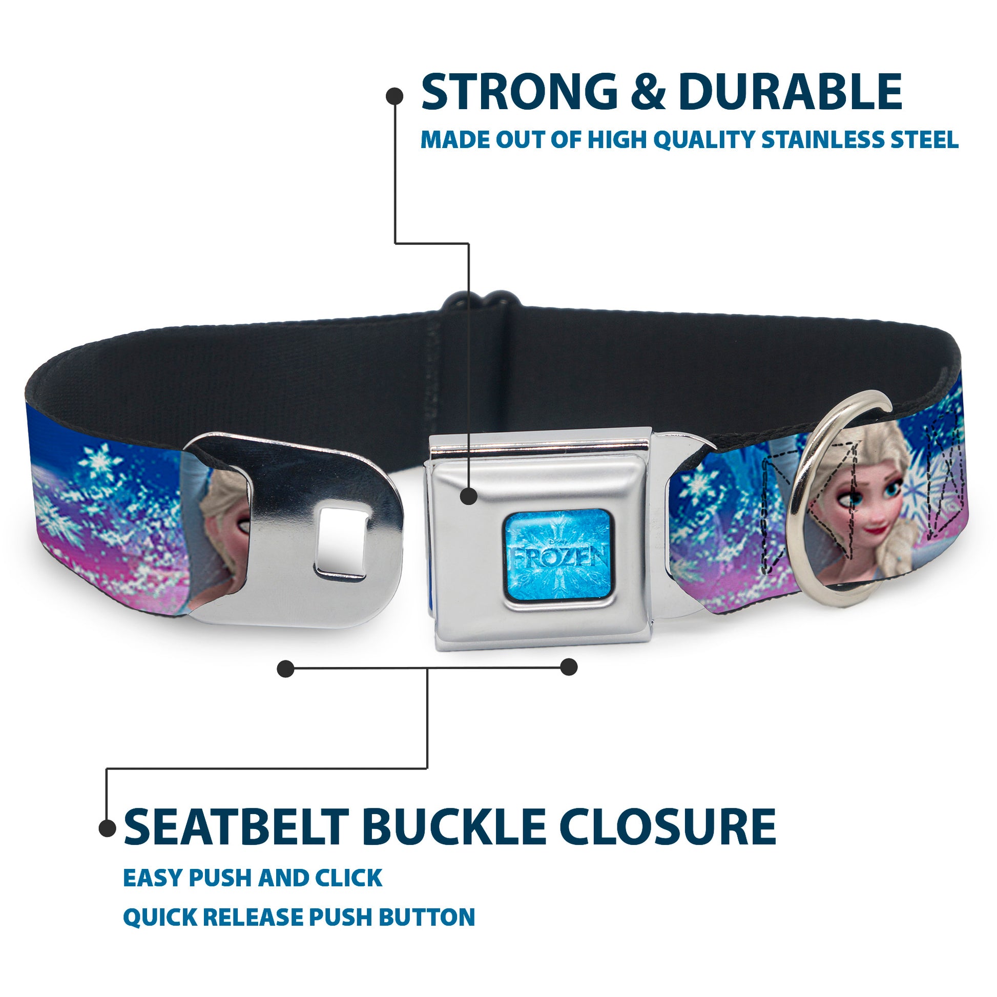 FROZEN Logo Full Color Blues Seatbelt Buckle Collar - Elsa the Snow Queen Poses/Castle & Snowy Mountains Blue-Pink Fade Seatbelt Buckle Collars Disney