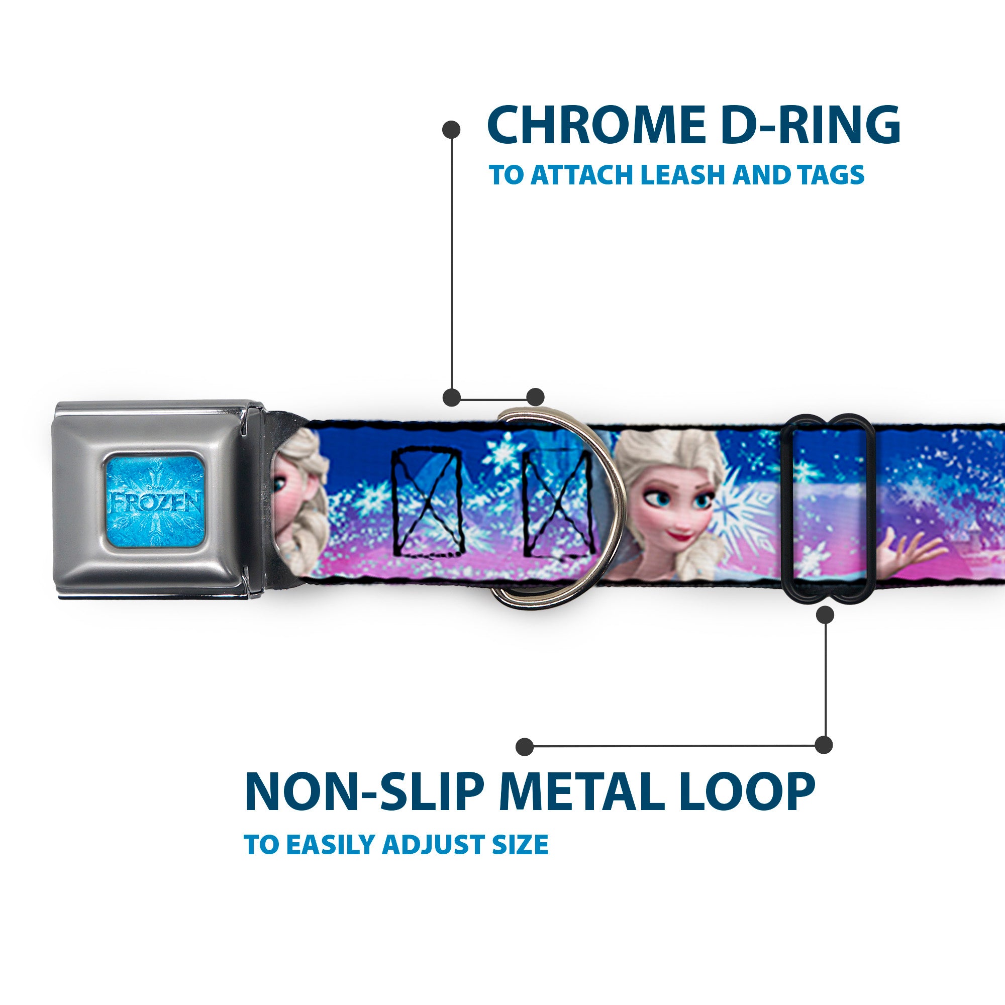 FROZEN Logo Full Color Blues Seatbelt Buckle Collar - Elsa the Snow Queen Poses/Castle & Snowy Mountains Blue-Pink Fade Seatbelt Buckle Collars Disney