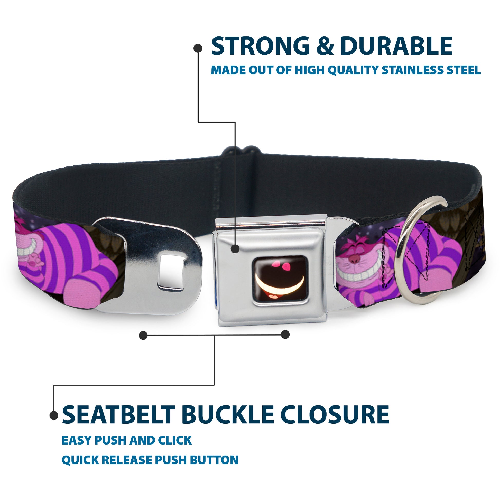 Cheshire Cat Eyes Smile Full Color Seatbelt Buckle Collar - Cheshire Cat Tree Poses Seatbelt Buckle Collars Disney