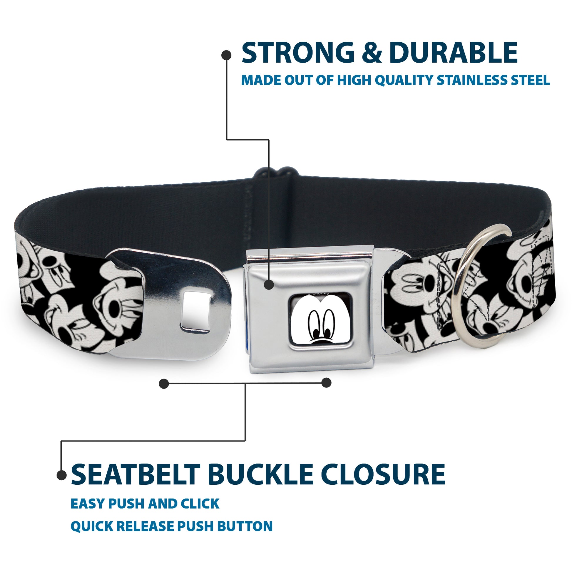 Mickey Mouse Face CLOSE-UP Full Color White Black Seatbelt Buckle Collar - Mickey Mouse Expressions Stacked White/Black Seatbelt Buckle Collars Disney