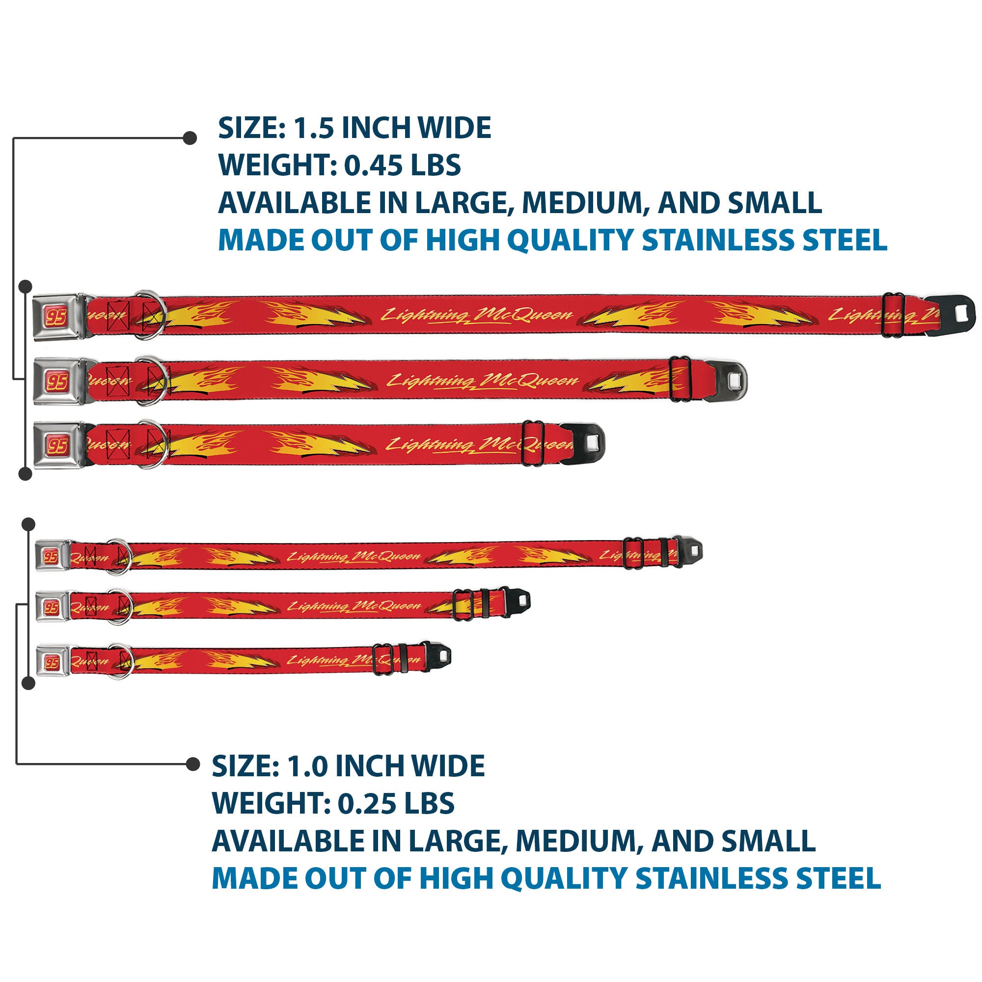 Cars Lightning McQueen Number 95 Full Color Red/Yellow Seatbelt Buckle Collar - Cars LIGHTNING MC QUEEN Text with Bolt Flames Red/Yellows Seatbelt Buckle Collars Disney