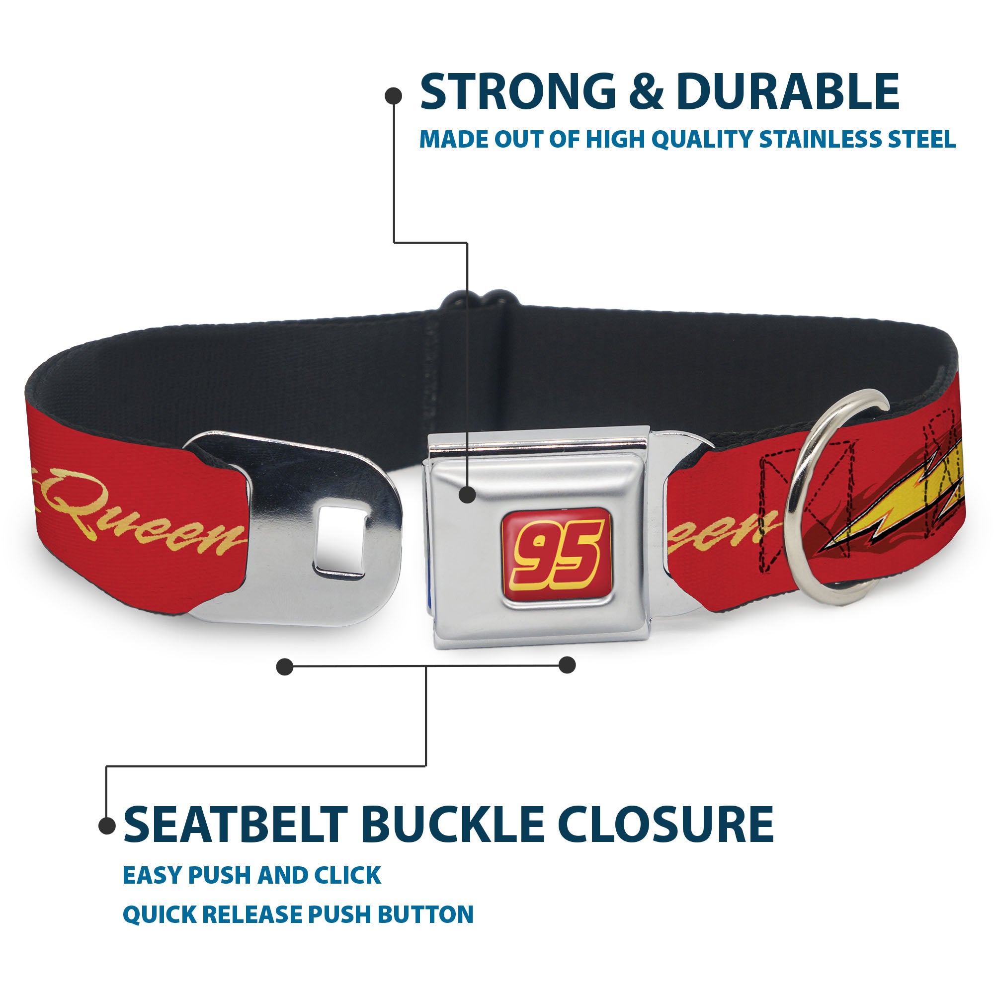Cars Lightning McQueen Number 95 Full Color Red/Yellow Seatbelt Buckle Collar - Cars LIGHTNING MC QUEEN Text with Bolt Flames Red/Yellows Seatbelt Buckle Collars Disney