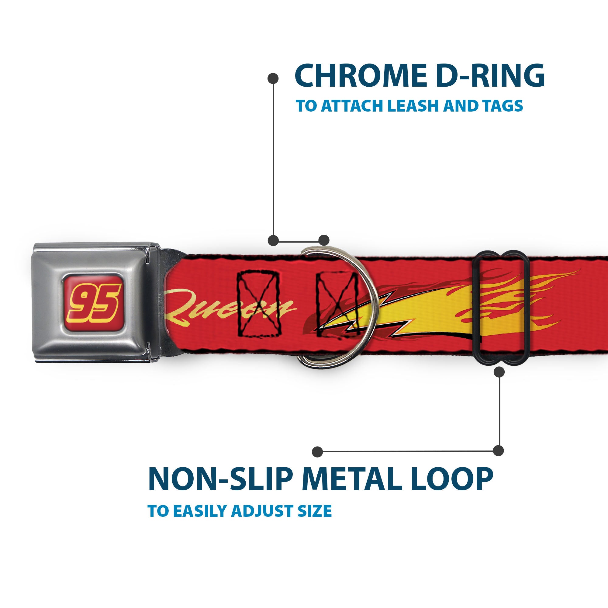 Cars Lightning McQueen Number 95 Full Color Red/Yellow Seatbelt Buckle Collar - Cars LIGHTNING MC QUEEN Text with Bolt Flames Red/Yellows Seatbelt Buckle Collars Disney