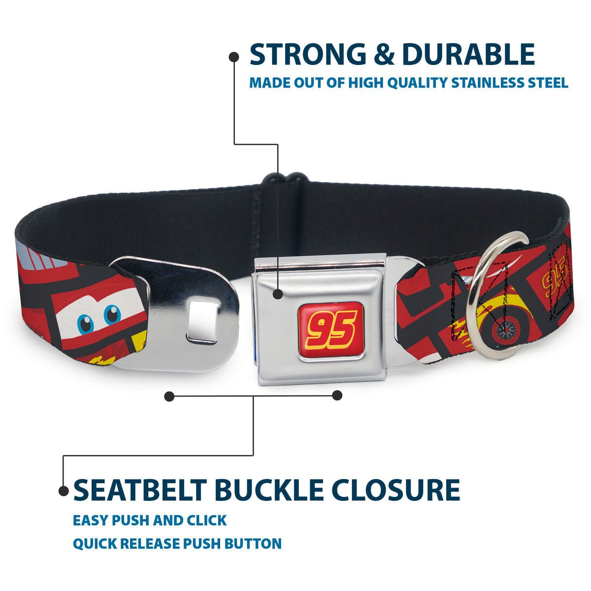 Cars Lightning McQueen 95 Logo Full Color Red/Yellow Seatbelt Buckle Collar - Cars Lightning McQueen Icon Blocks Collage Charcoal/Red Dog Collars Seatbelt Buckle Disney