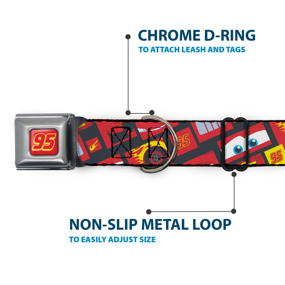 Cars Lightning McQueen 95 Logo Full Color Red/Yellow Seatbelt Buckle Collar - Cars Lightning McQueen Icon Blocks Collage Charcoal/Red Dog Collars Seatbelt Buckle Disney