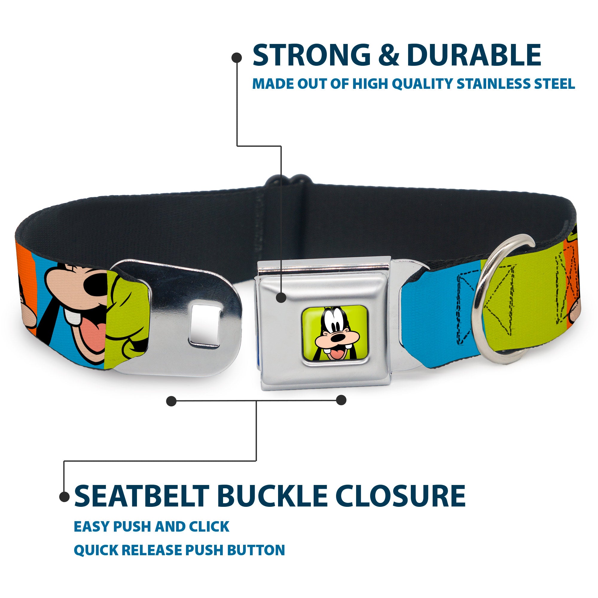 Goofy Hat Full Color Green/Black Seatbelt Buckle Collar - Goofy Face and Hat Blocks Multi Color Seatbelt Buckle Collars Disney