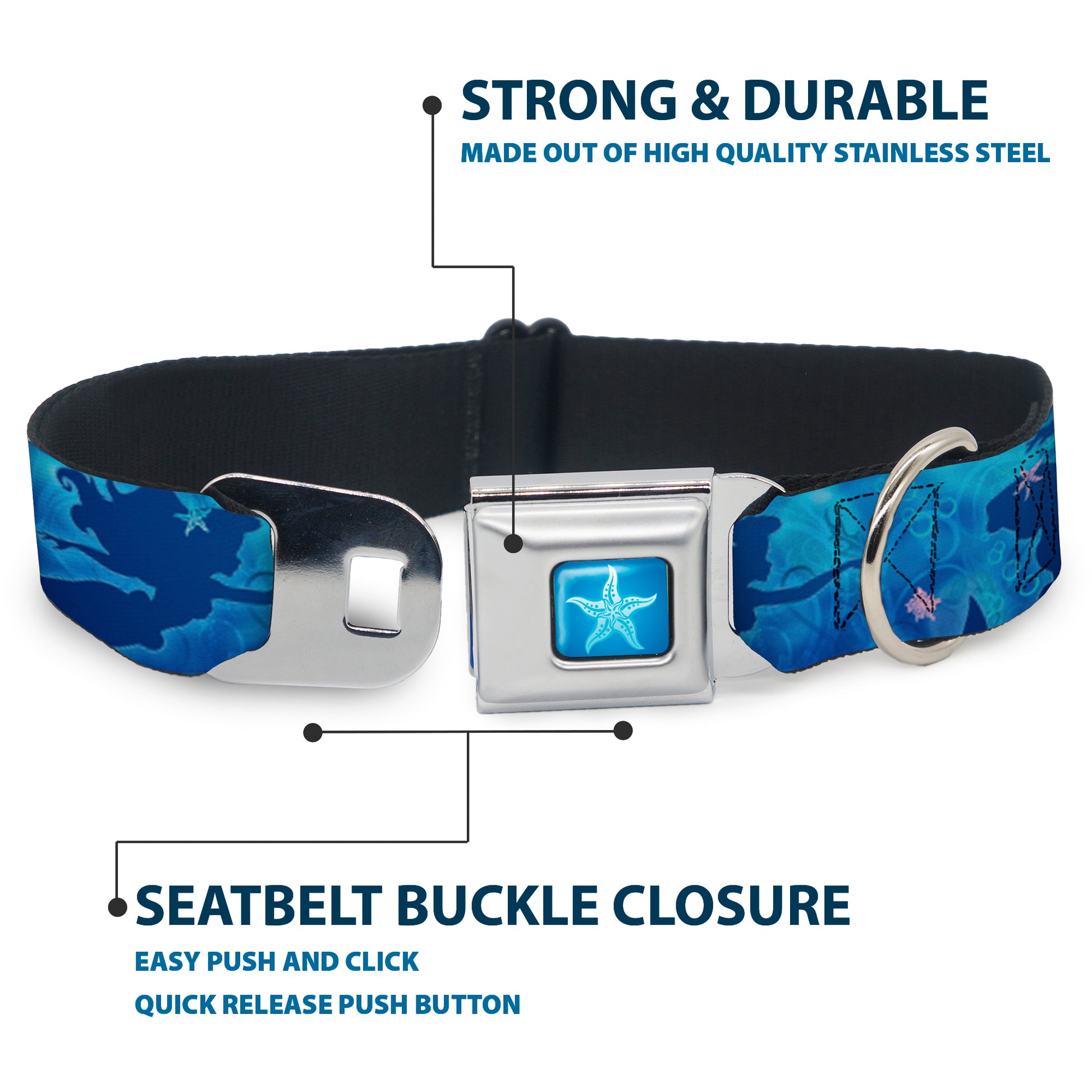 Ariel Daydreaming Full Color Blues Seatbelt Buckle Collar - Ariel Silhouette Poses/Castle Blues Seatbelt Buckle Collars Disney