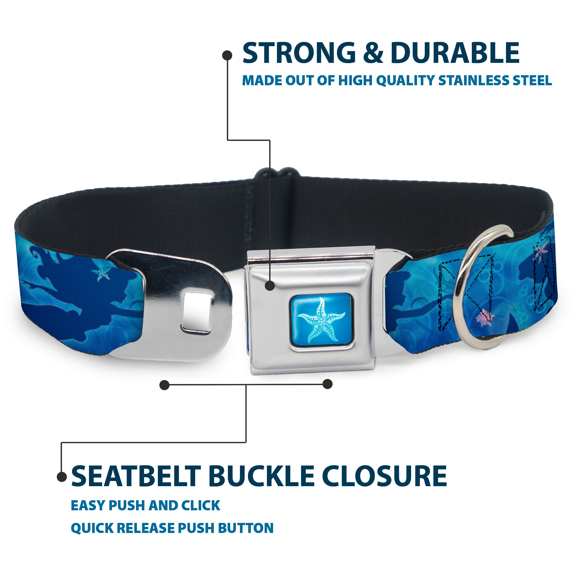 Ariel Daydreaming Full Color Blues Seatbelt Buckle Collar - Ariel Silhouette Poses/Castle Blues Seatbelt Buckle Collars Disney