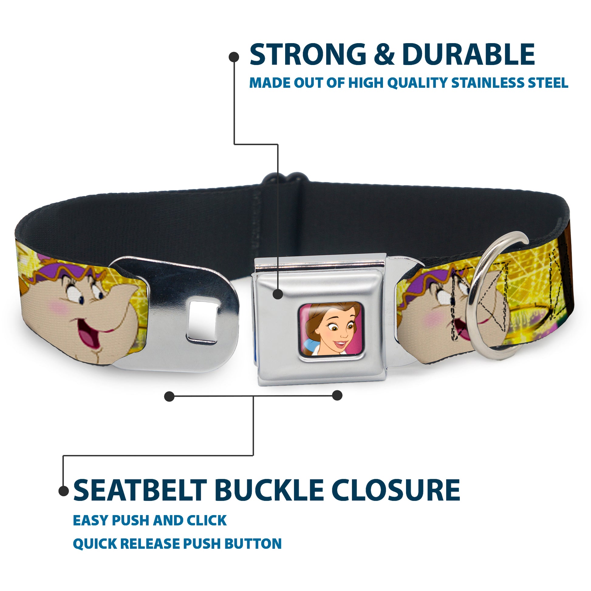 Dog Collar DYEL-Surprised Belle Full Color Pink - Beauty & the Beast Be Our Guest Scenes Seatbelt Buckle Collars Disney