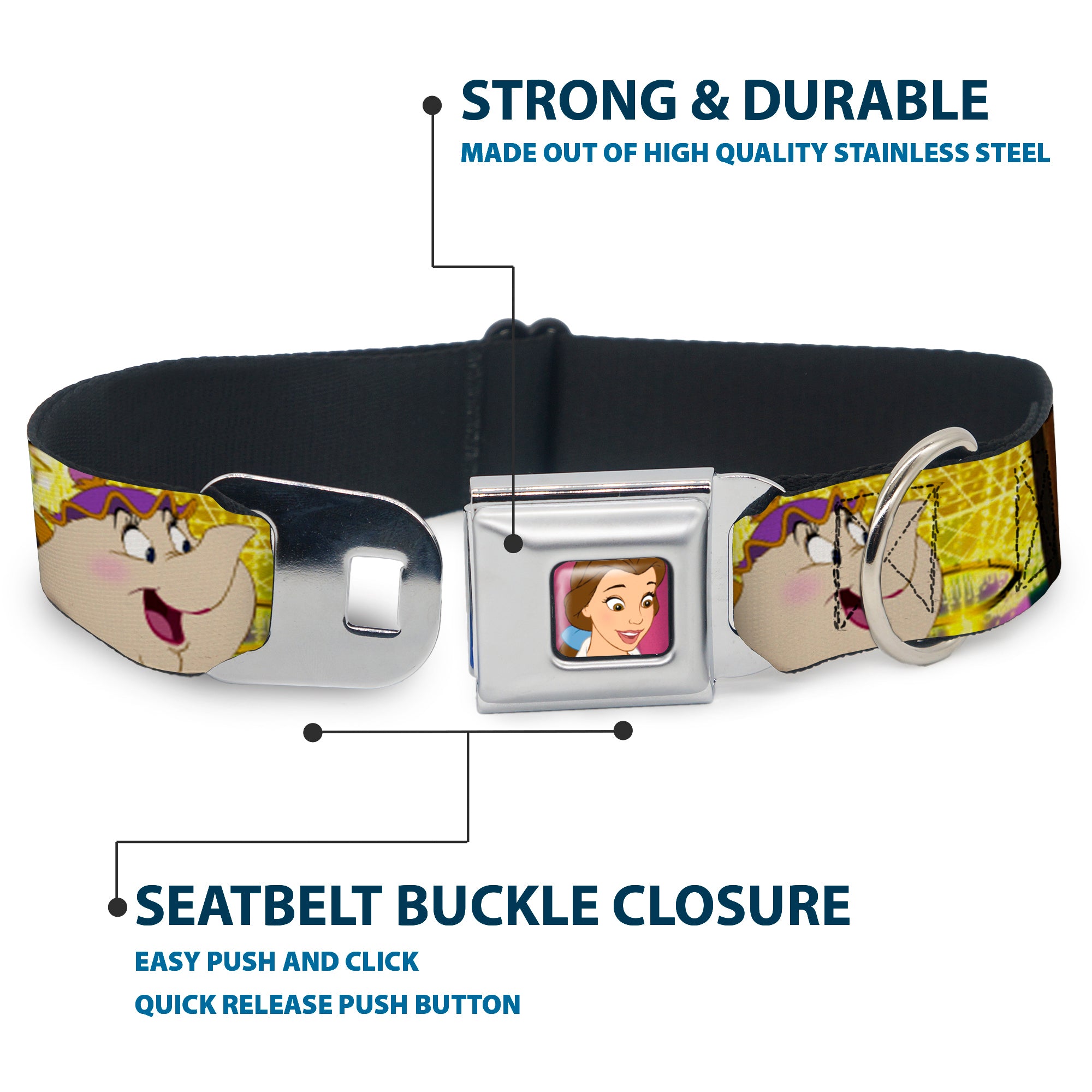 Dog Collar DYEL-Surprised Belle Full Color Pink - Beauty & the Beast Be Our Guest Scenes Seatbelt Buckle Collars Disney